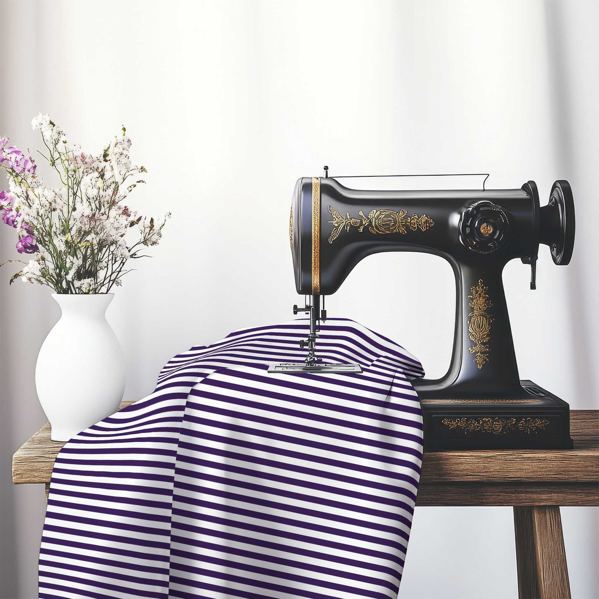 White Spun Polyester Fabric with Thin Purple Bars, FASP-1143-241, on an antique sewing machine sitting on a desk with vase of beautiful flowers.