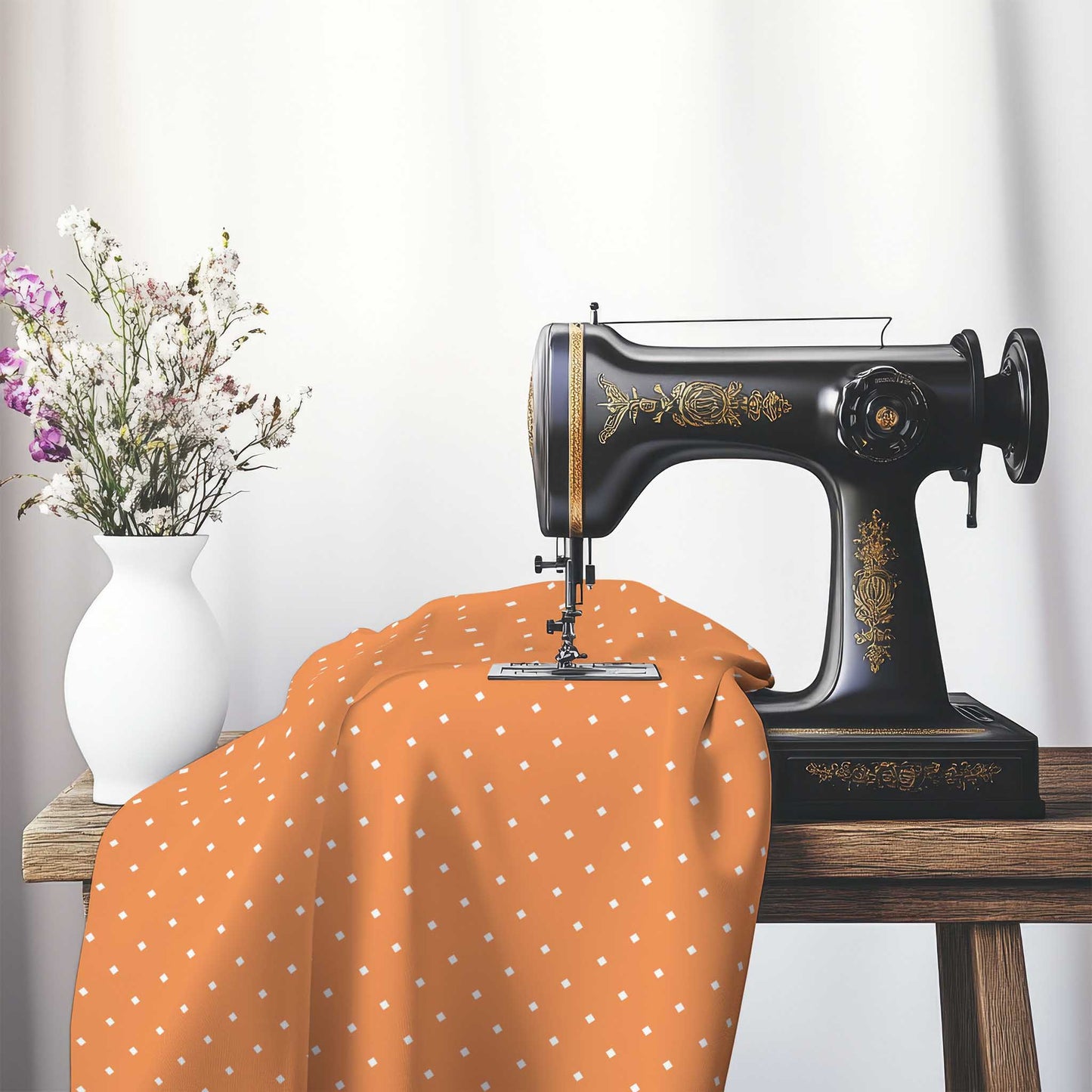Spun Polyester Fabric with White Diamonds on Orange, FASP-1181-102, on an antique sewing machine sitting on a desk with vase of beautiful flowers.