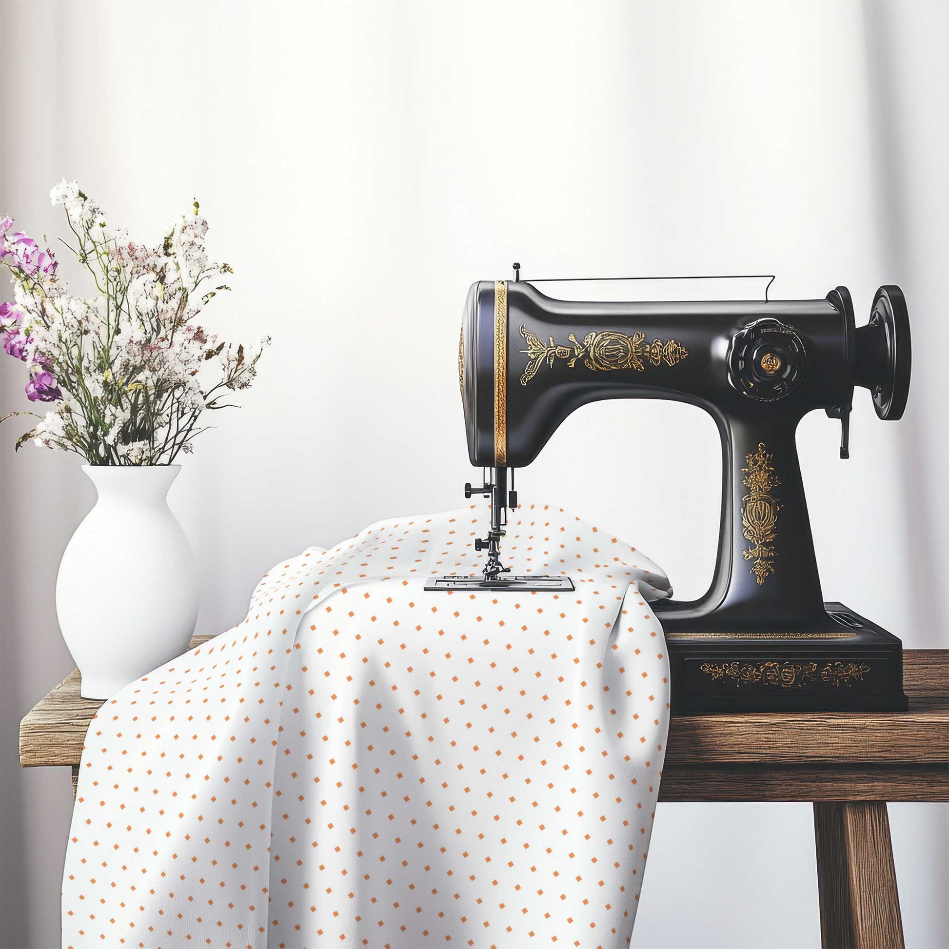 White Spun Polyester Fabric with Fine Orange Diamonds, FASP-1181-111, on an antique sewing machine sitting on a desk with vase of beautiful flowers.