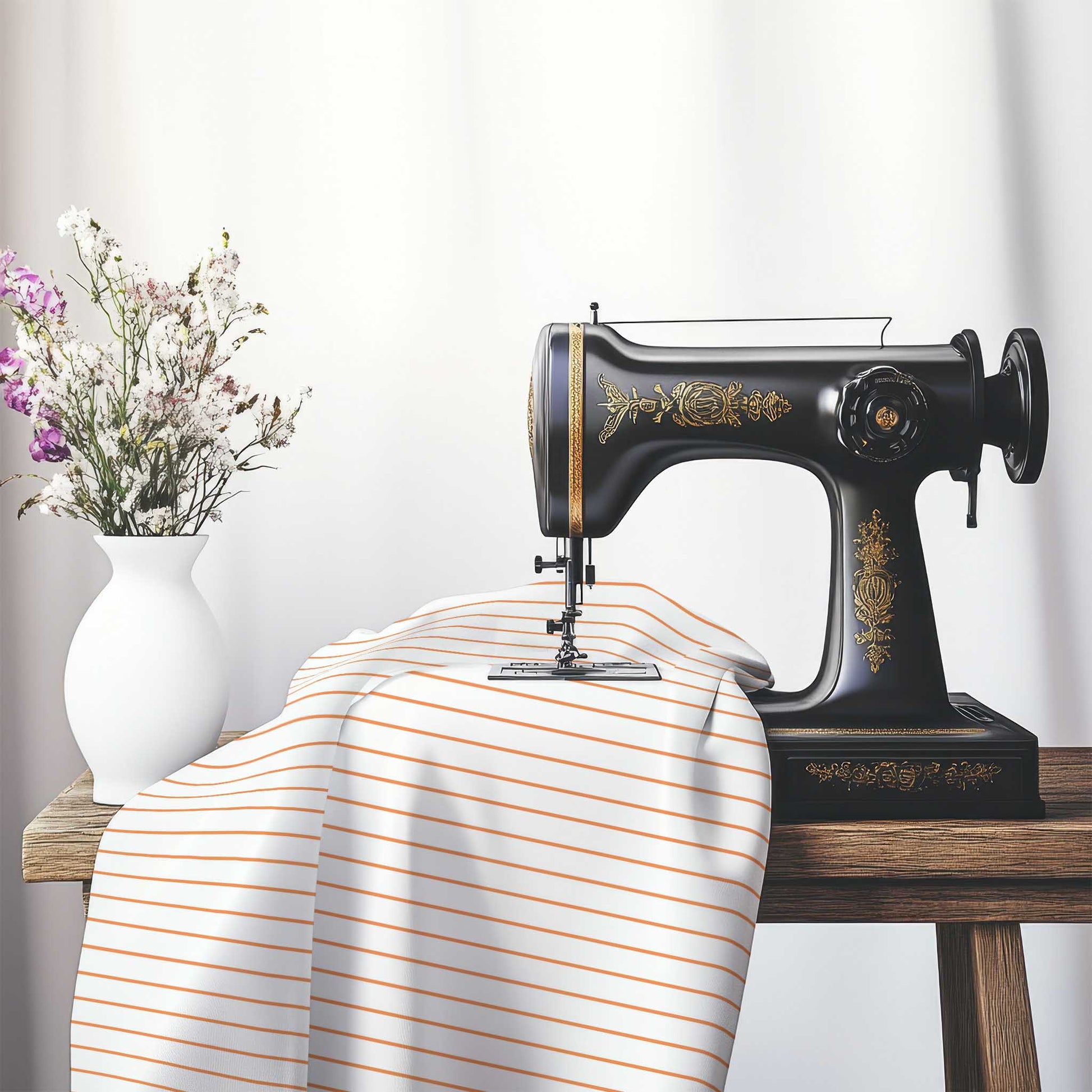 White Spun Polyester Fabric with Fine Orange Stripes, FASP-1181-151, on an antique sewing machine sitting on a desk with vase of beautiful flowers.