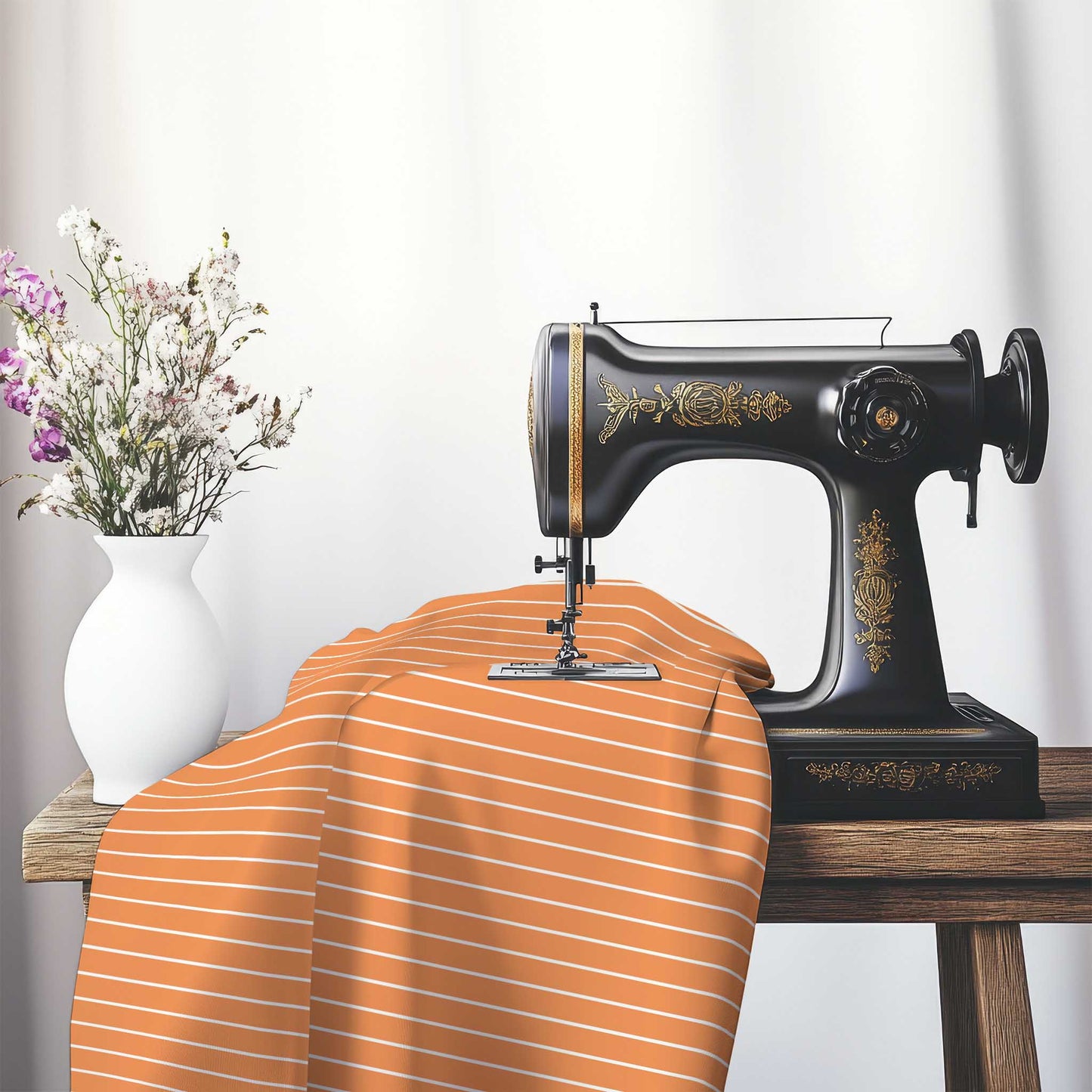 Spun Polyester Fabric with Fine White Stripes on Orange, FASP-1181-152, on an antique sewing machine sitting on a desk with vase of beautiful flowers.