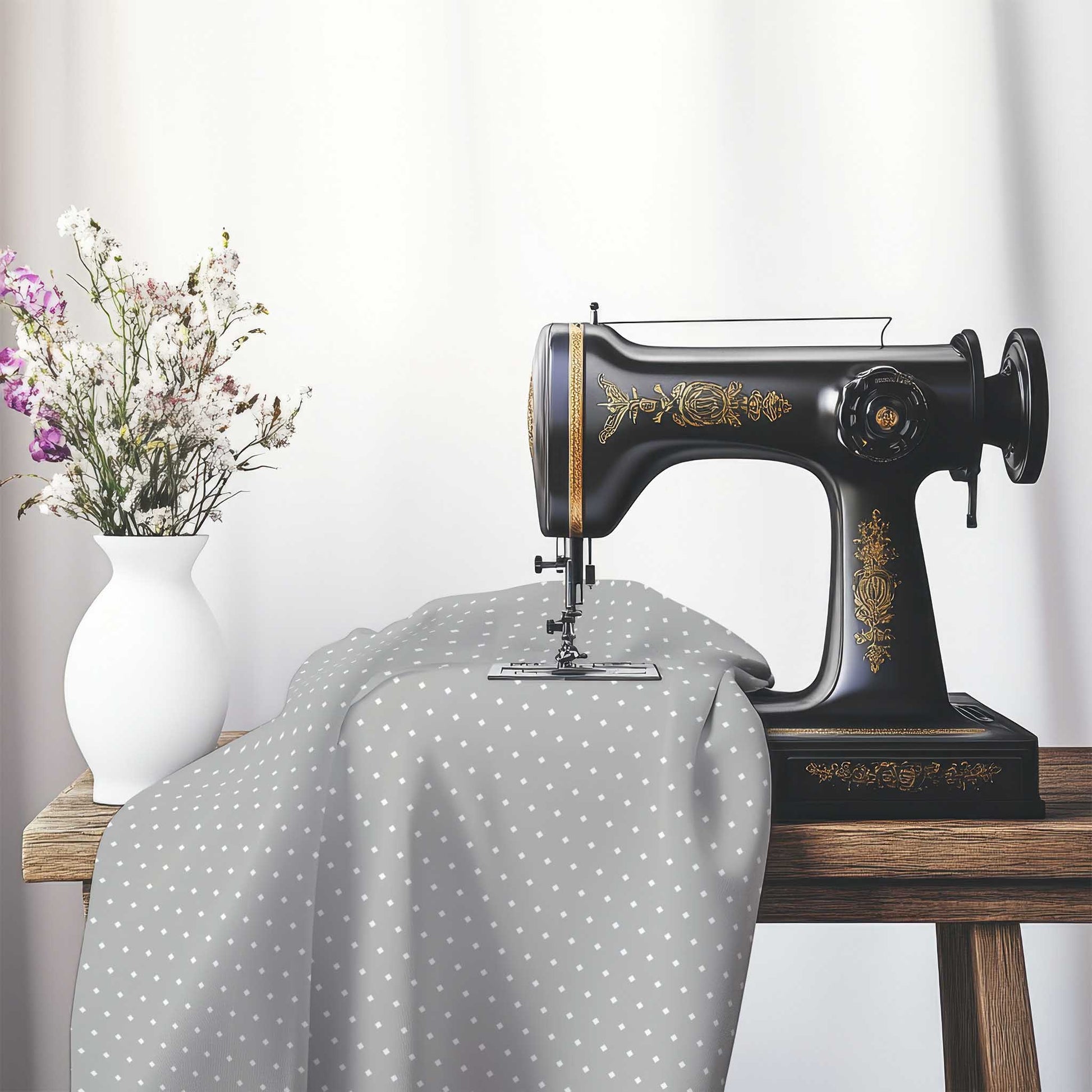 Spun Polyester Fabric with Fine White Diamonds on Grey, FASP-1203-112, on an antique sewing machine sitting on a desk with vase of beautiful flowers.