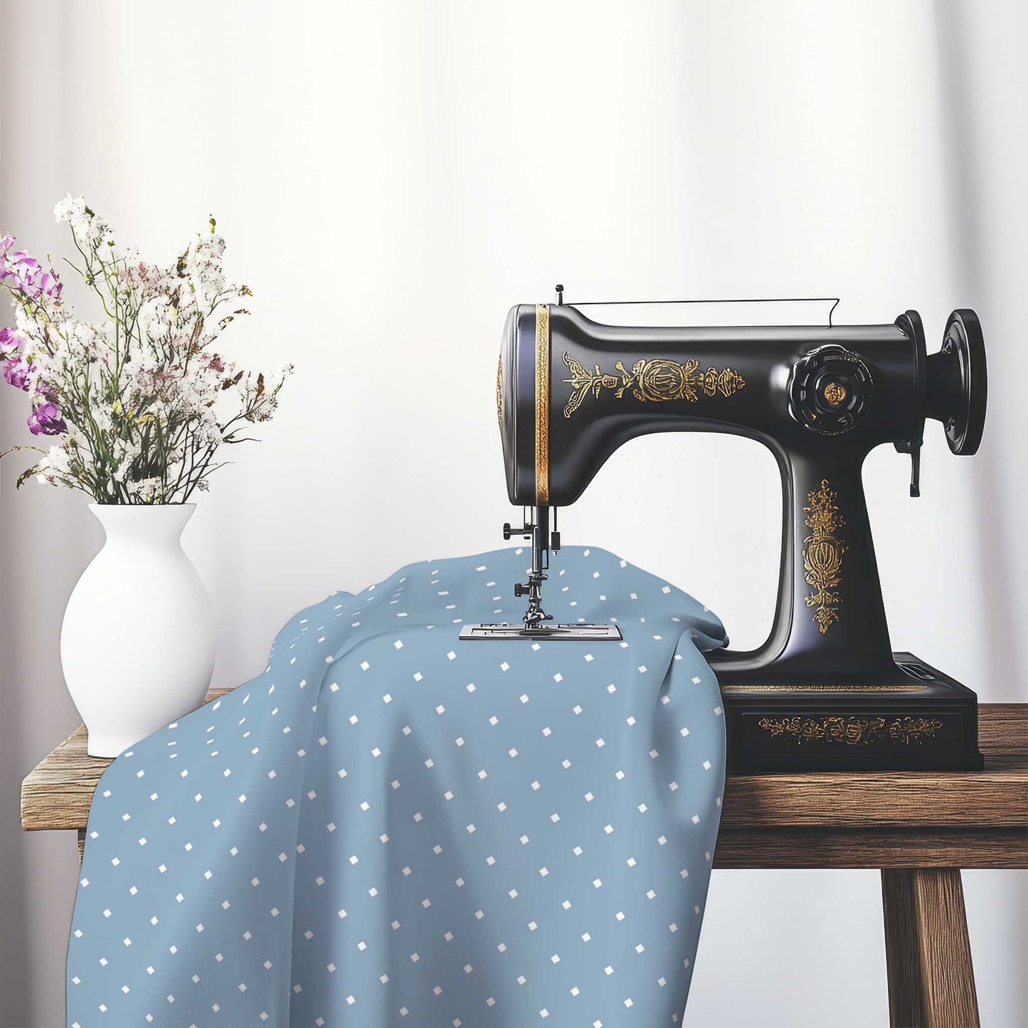 Spun Polyester Fabric with White Diamonds on Blue, FASP-1231-102, on an antique sewing machine sitting on a desk with vase of beautiful flowers.