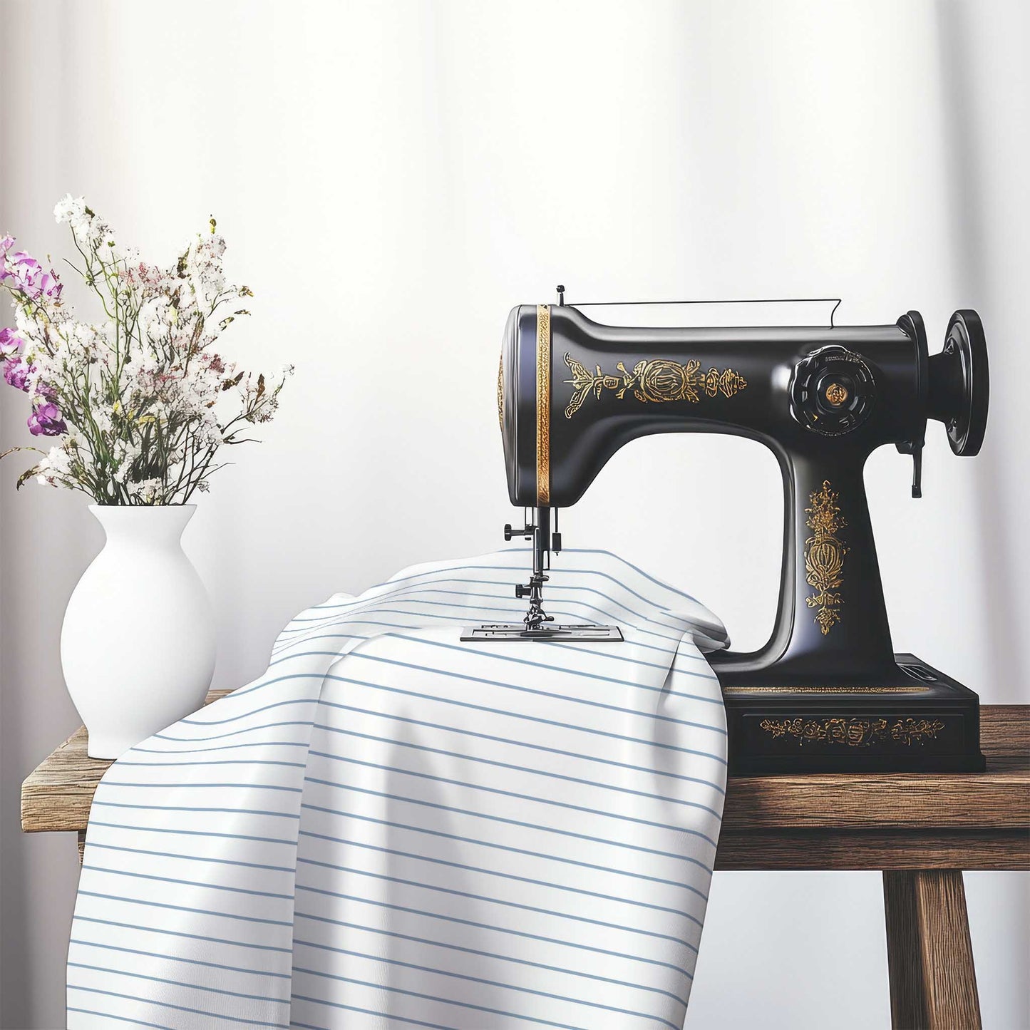 White Spun Polyester Fabric with Fine Blue Stripes, FASP-1231-151, on an antique sewing machine sitting on a desk with vase of beautiful flowers.