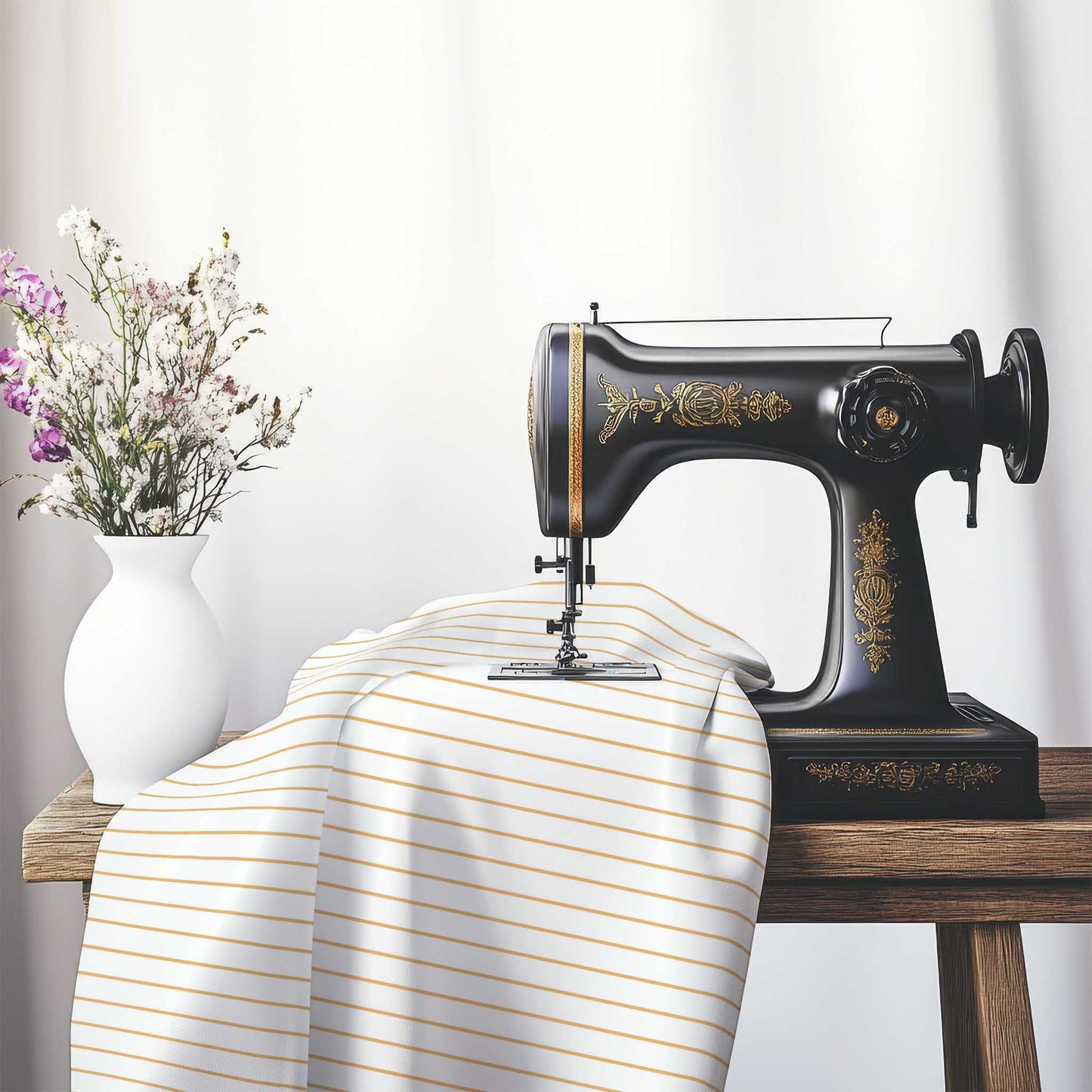 White Spun Polyester Fabric with Fine Orange Stripes, FASP-1232-151, on an antique sewing machine sitting on a desk with vase of beautiful flowers.