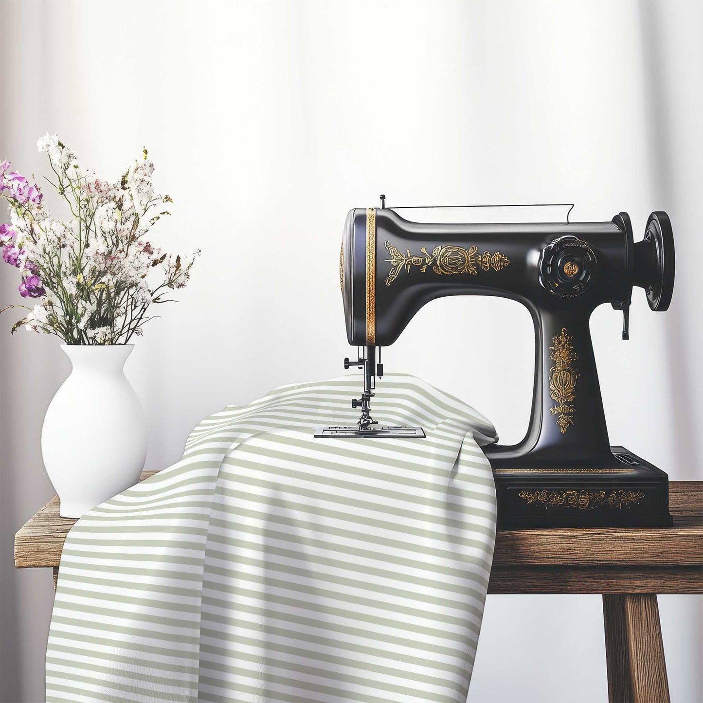 White Spun Polyester Fabric with Thin Pale Green Bars, FASP-1241-241, on an antique sewing machine sitting on a desk with vase of beautiful flowers.