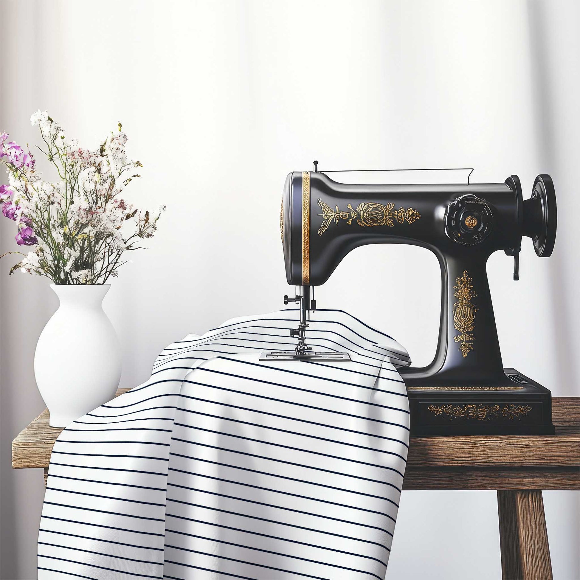 White Spun Polyester Fabric with Fine Navy Blue Stripes, FASP-1271-151, on an antique sewing machine sitting on a desk with vase of beautiful flowers.
