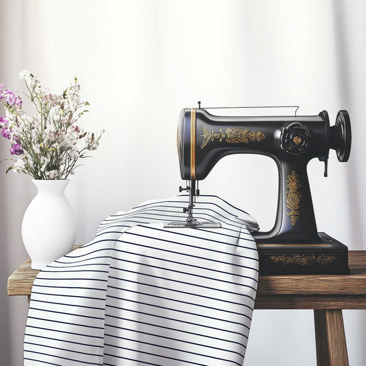 White Spun Polyester Fabric with Fine Navy Blue Stripes, FASP-1271-151, on an antique sewing machine sitting on a desk with vase of beautiful flowers.