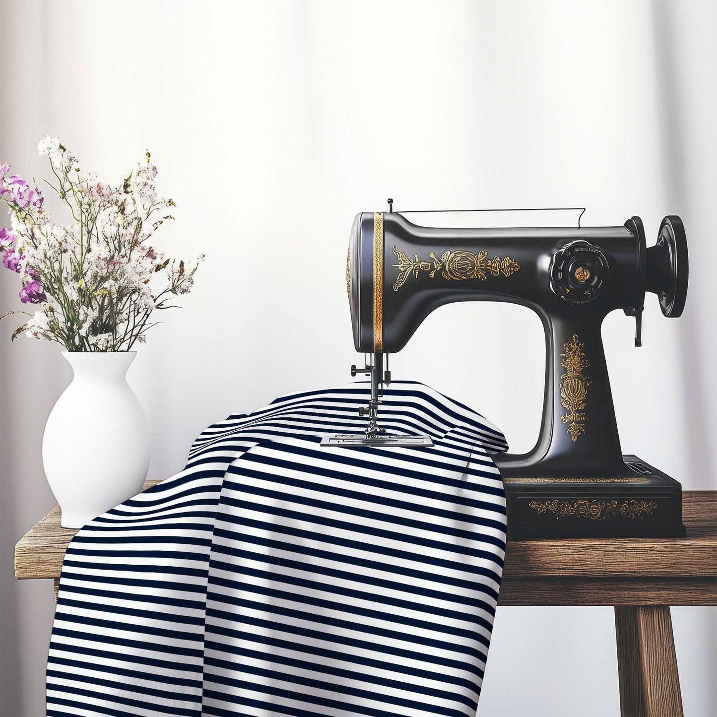 White Spun Polyester Fabric with Thin Navy Blue Bars, FASP-1271-241, on an antique sewing machine sitting on a desk with vase of beautiful flowers.