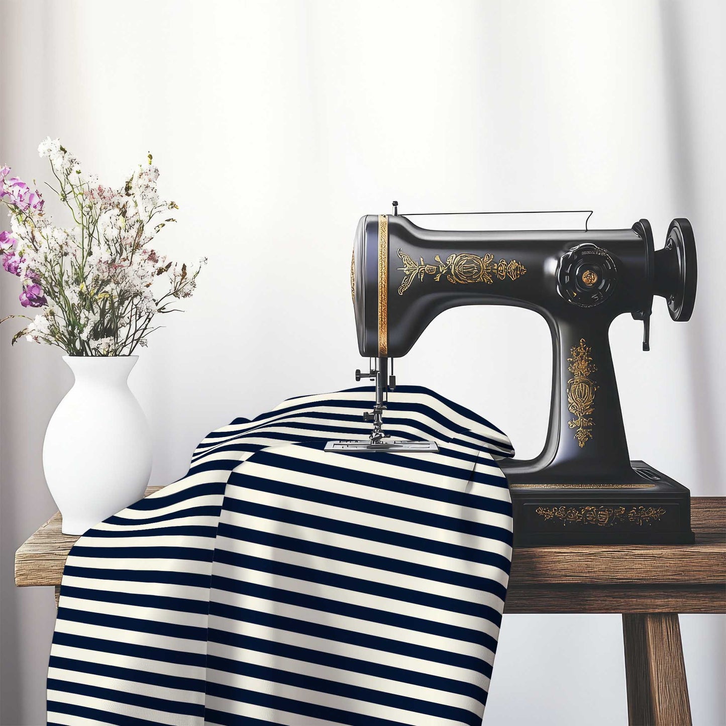 Spun Polyester Fabric with Navy Blue Bars on Pale Cream, FASP-1273-051, on an antique sewing machine sitting on a desk with vase of beautiful flowers.