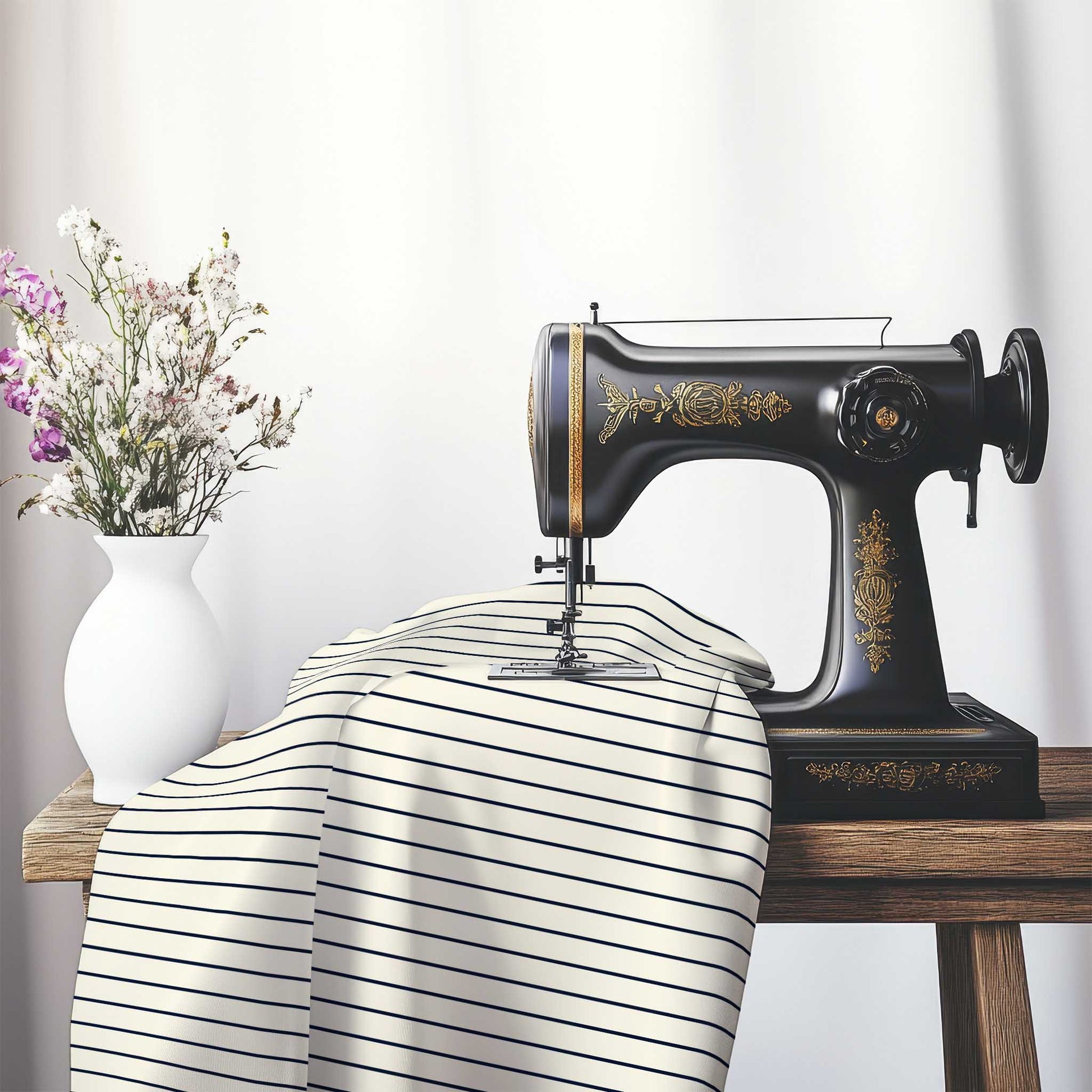 Spun Polyester Fabric with Fine Navy Blue Stripes on Pale Cream, FASP-1273-151, on an antique sewing machine sitting on a desk with vase of beautiful flowers.