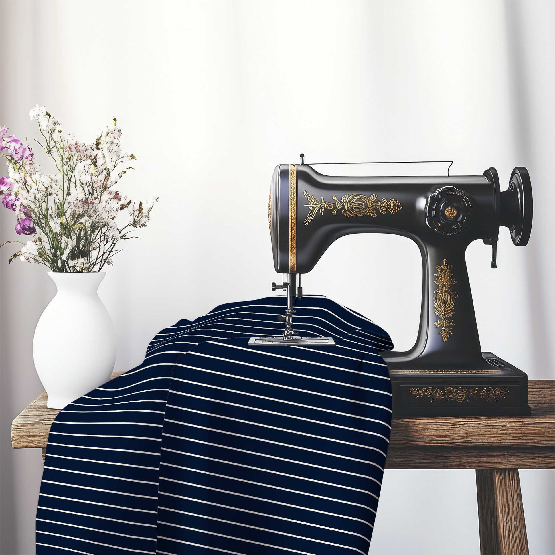 Spun Polyester Fabric with Fine Pale Cream Stripes on Navy Blue, FASP-1273-152, on an antique sewing machine sitting on a desk with vase of beautiful flowers.