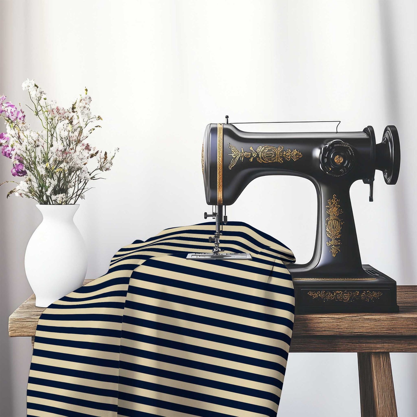 Canvas Fabric with Navy Blue Bars on Tan, FASP-1274-051, on an antique sewing machine sitting on a desk with vase of beautiful flowers.