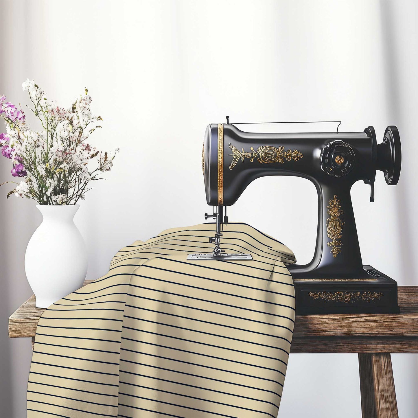 Canvas Fabric with Fine Navy Blue Stripes on Tan, FASP-1274-151, on an antique sewing machine sitting on a desk with vase of beautiful flowers.