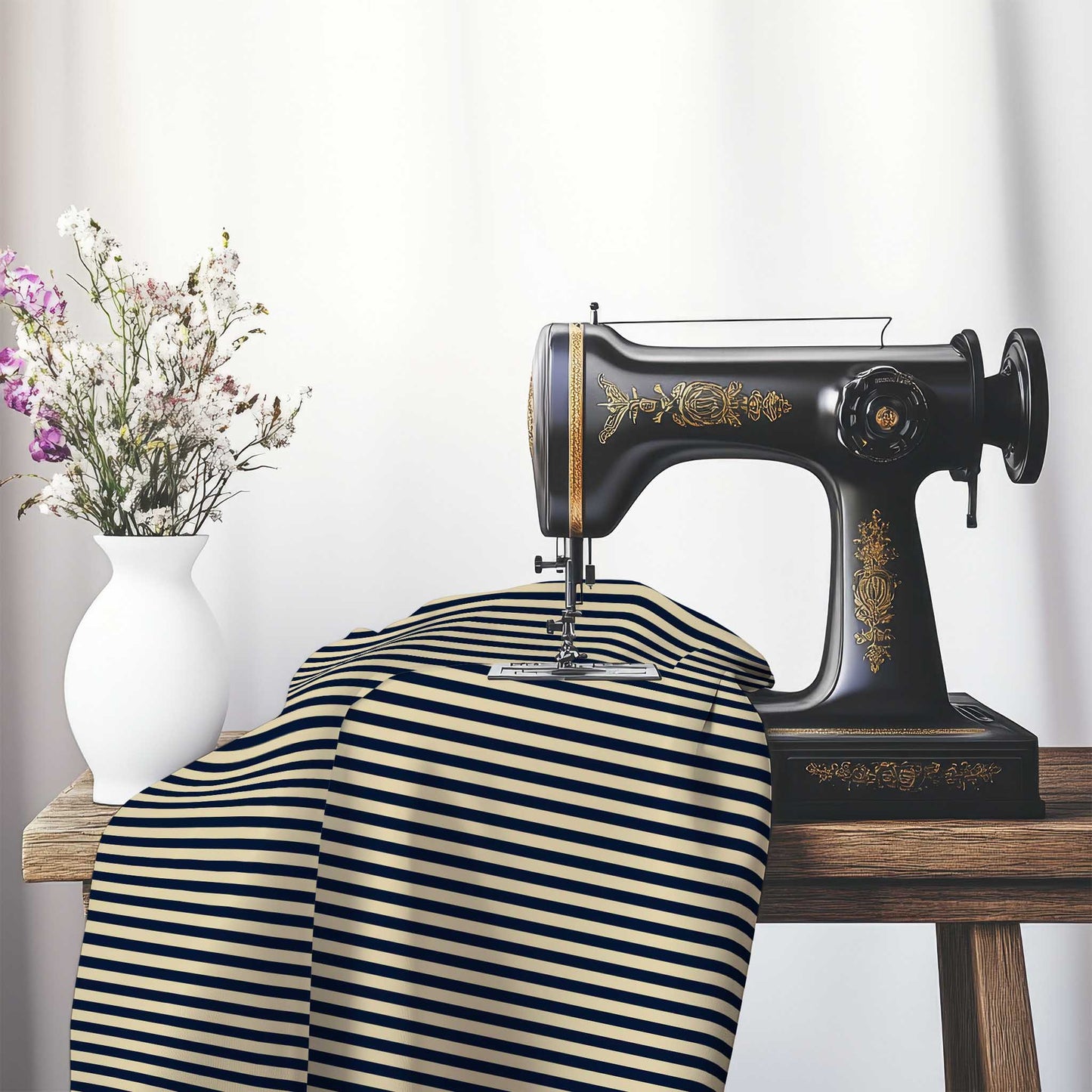 Canvas Fabric with Thin Navy Blue Bars on Tan, FASP-1274-241, on an antique sewing machine sitting on a desk with vase of beautiful flowers.