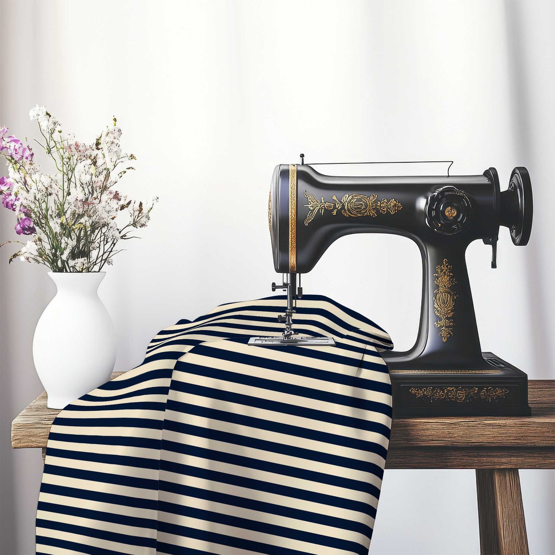 Spun Polyester Fabric with Navy Blue Bars on Beige, FASP-1275-051, on an antique sewing machine sitting on a desk with vase of beautiful flowers.