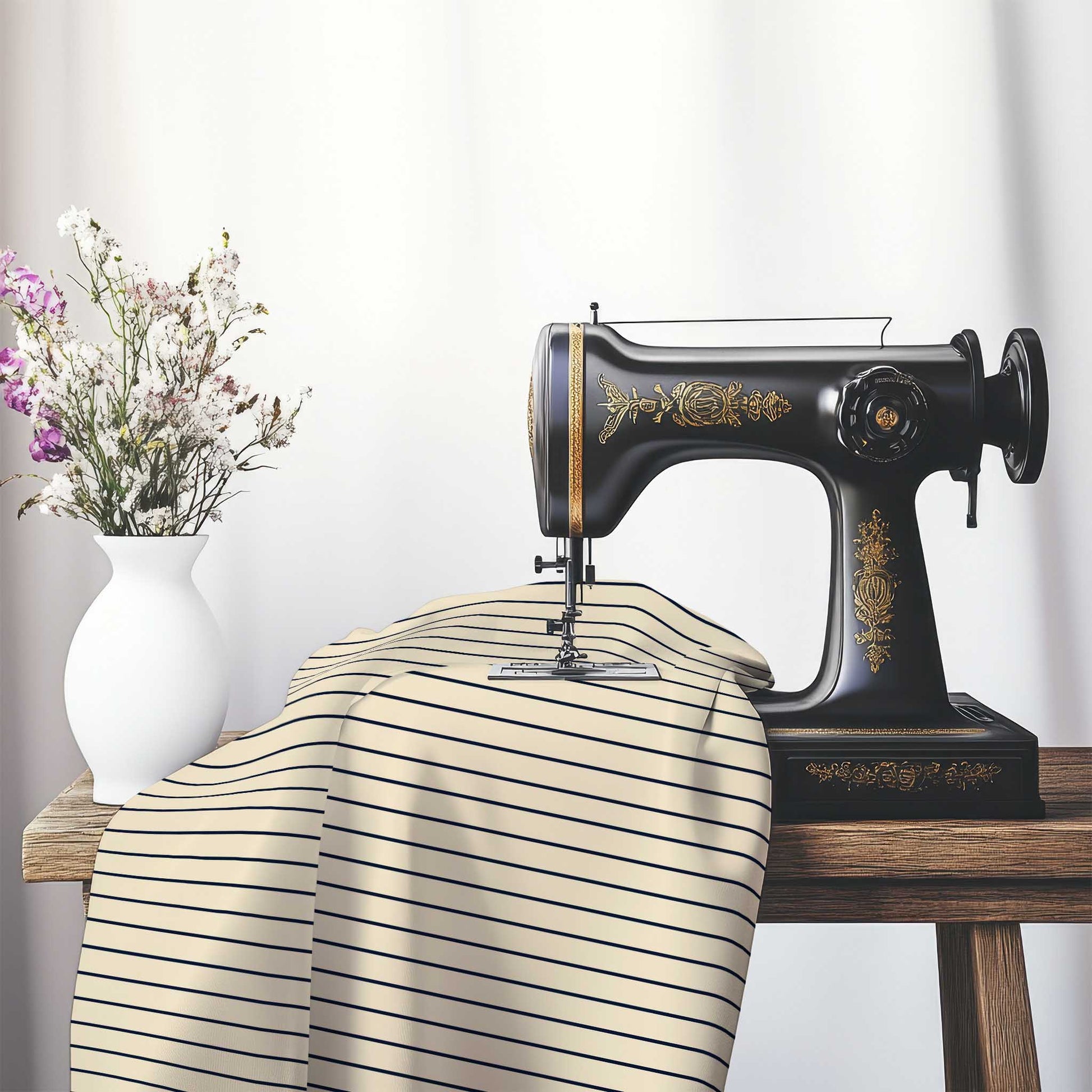 Spun Polyester Fabric with Fine Navy Blue Stripes on Beige, FASP-1275-151, on an antique sewing machine sitting on a desk with vase of beautiful flowers.