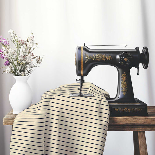 Spun Polyester Fabric with Fine Navy Blue Stripes on Beige, FASP-1275-151, on an antique sewing machine sitting on a desk with vase of beautiful flowers.