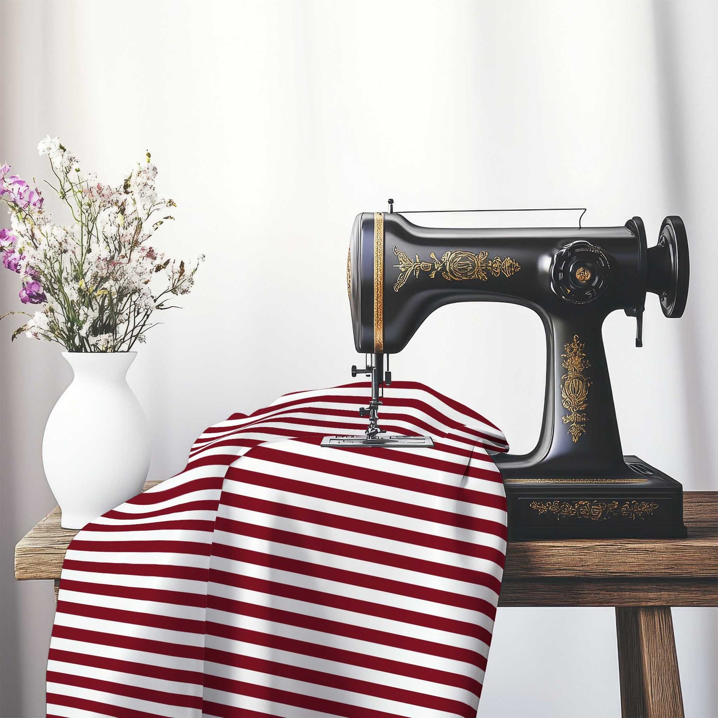 White Spun Polyester Fabric with Burgundy Red Bars, FASP-1281-051, on an antique sewing machine sitting on a desk with vase of beautiful flowers.