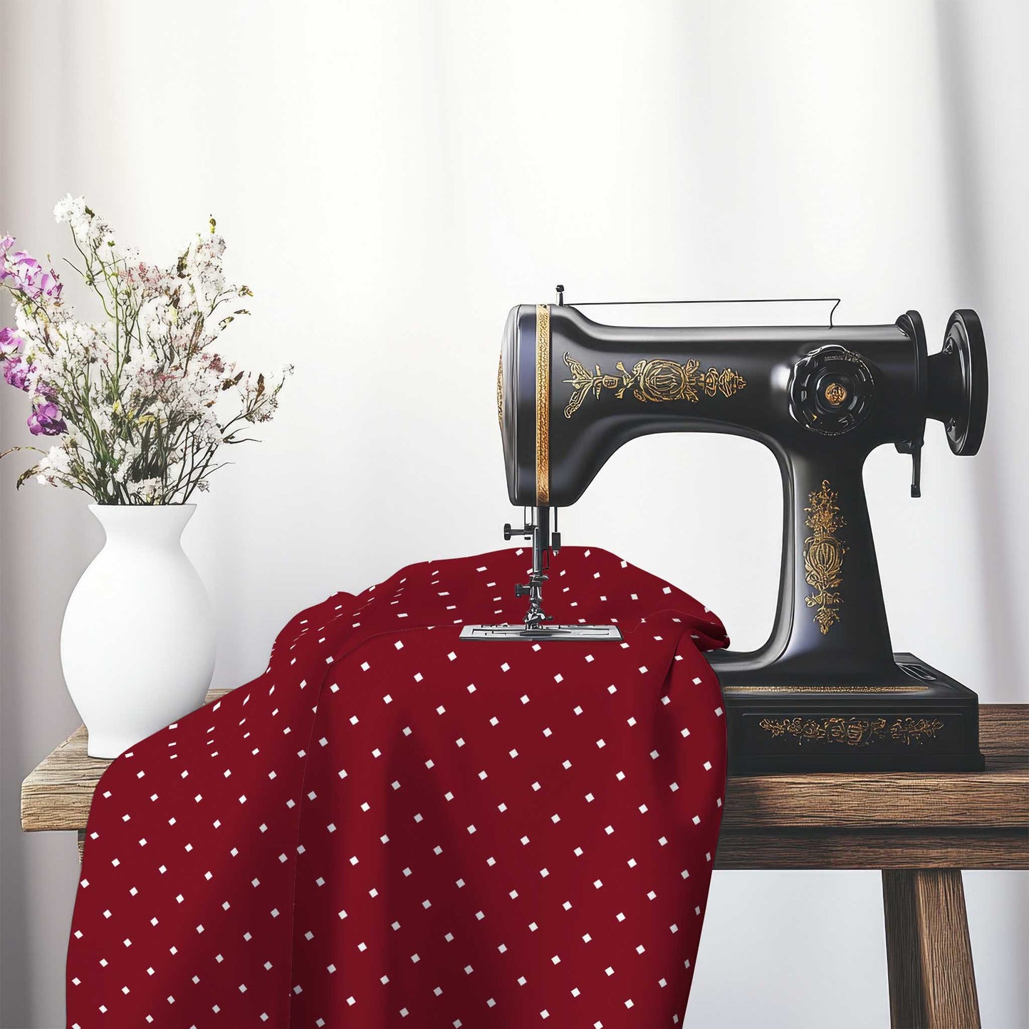 Spun Polyester Fabric with White Diamonds on Burgundy Red, FASP-1281-102, on an antique sewing machine sitting on a desk with vase of beautiful flowers.