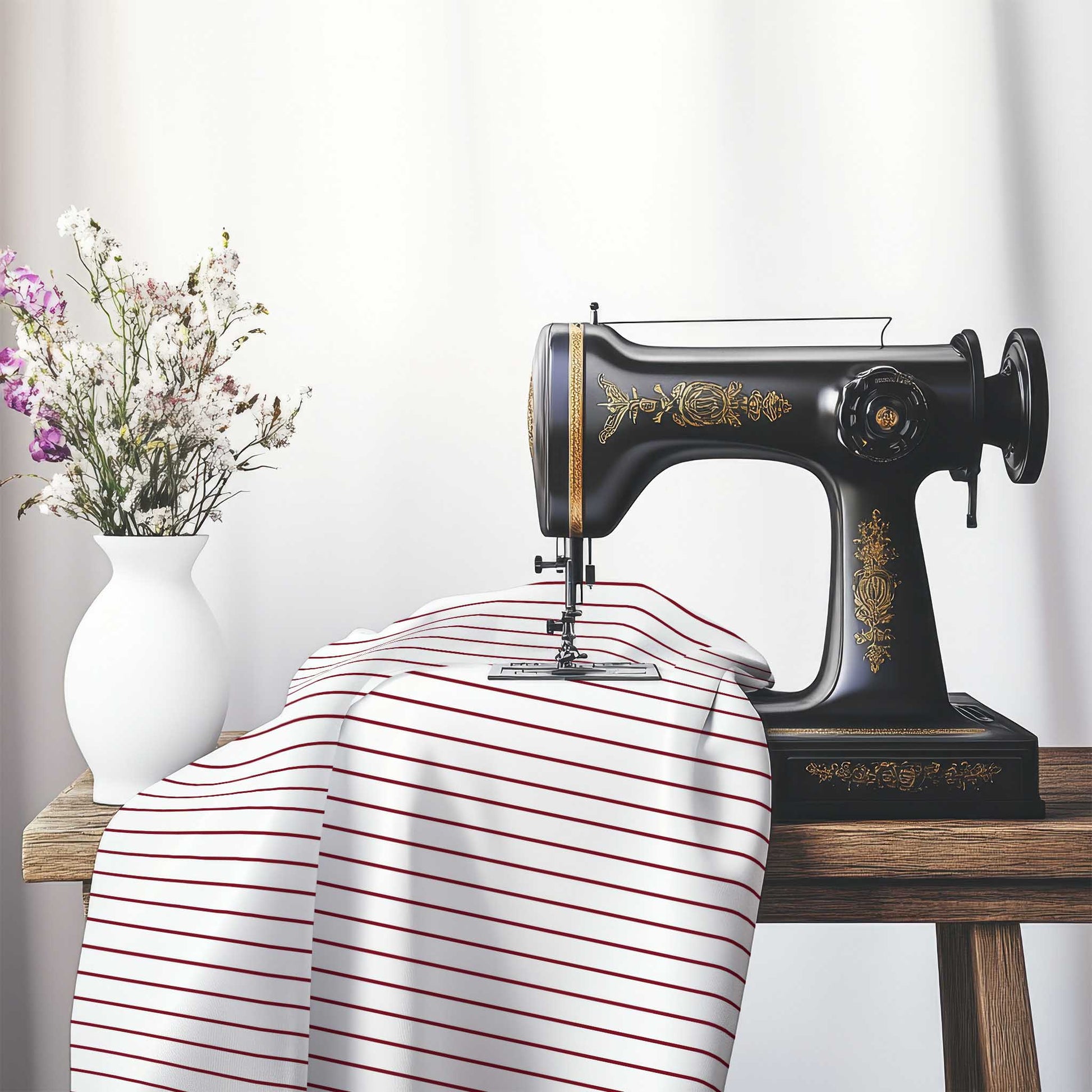 White Spun Polyester Fabric with Fine Burgundy Red Stripes, FASP-1281-151, on an antique sewing machine sitting on a desk with vase of beautiful flowers.