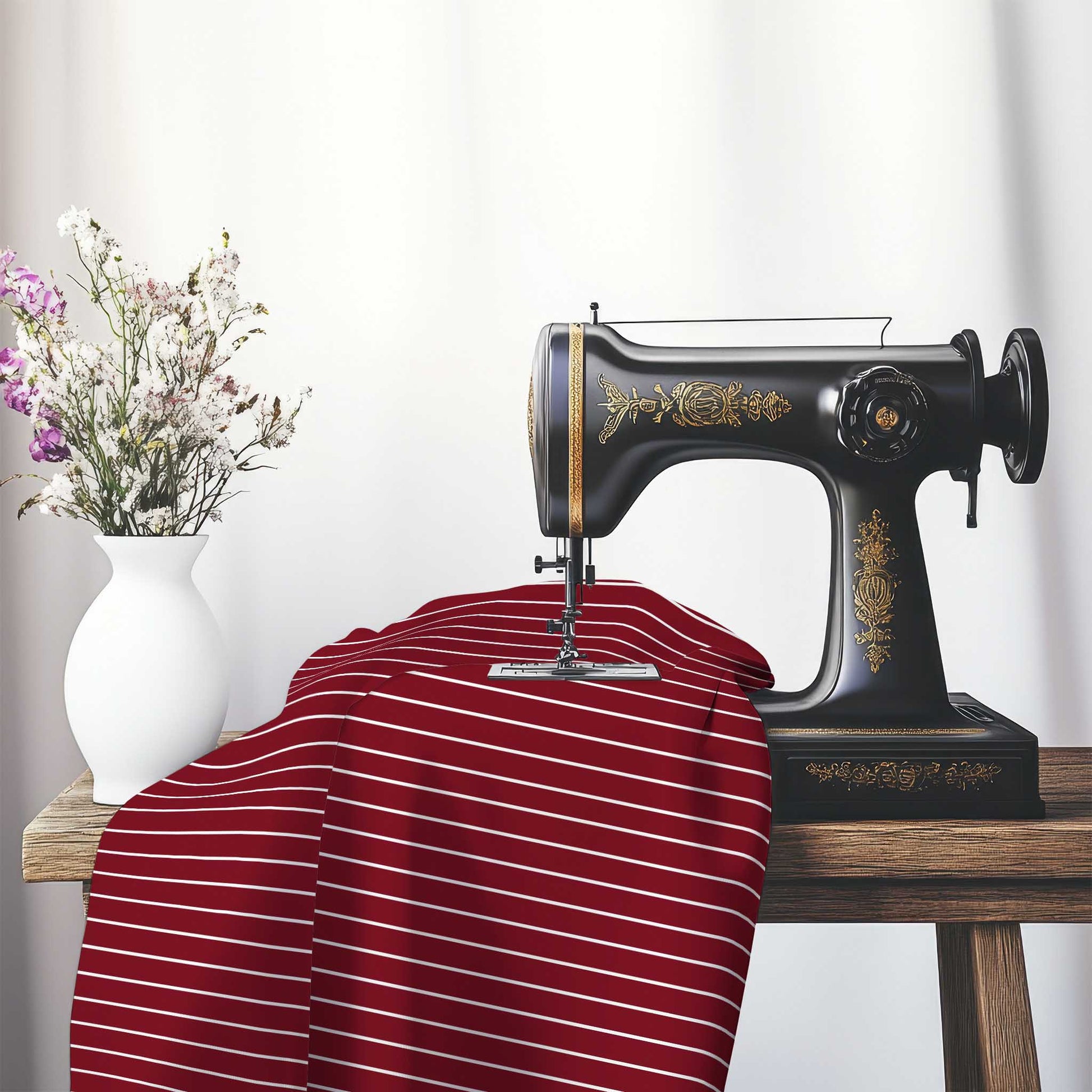 Spun Polyester Fabric with Fine White Stripes on Burgundy Red, FASP-1281-152, on an antique sewing machine sitting on a desk with vase of beautiful flowers.