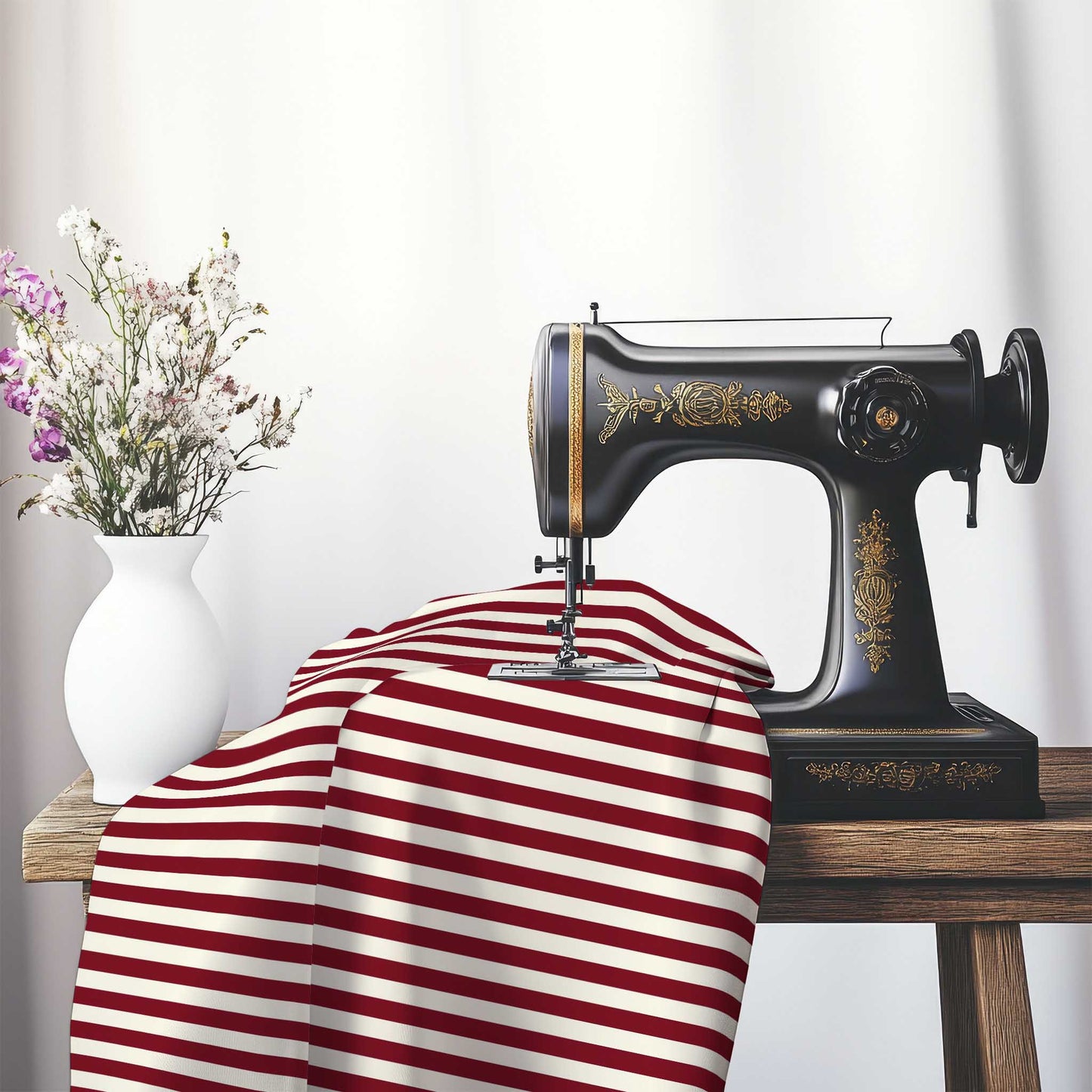 Spun Polyester Fabric with Burgundy Red Bars on Pale Cream, FASP-1283-051, on an antique sewing machine sitting on a desk with vase of beautiful flowers.