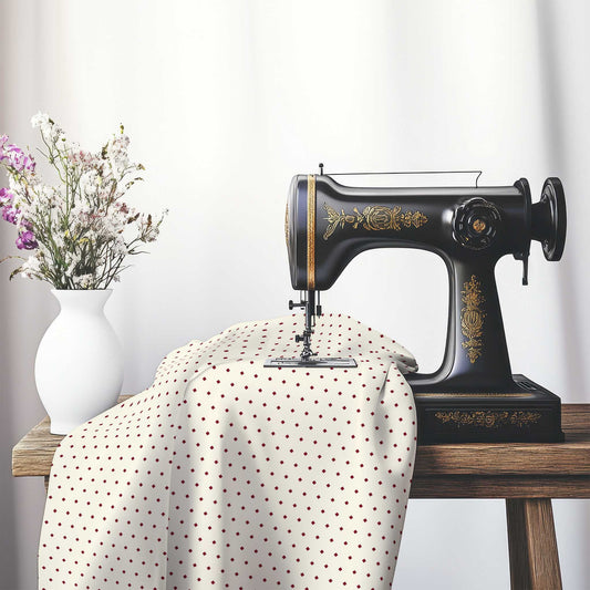 Spun Polyester Fabric with Fine Burgundy Red Diamonds on Pale Cream, FASP-1283-111, on an antique sewing machine sitting on a desk with vase of beautiful flowers.