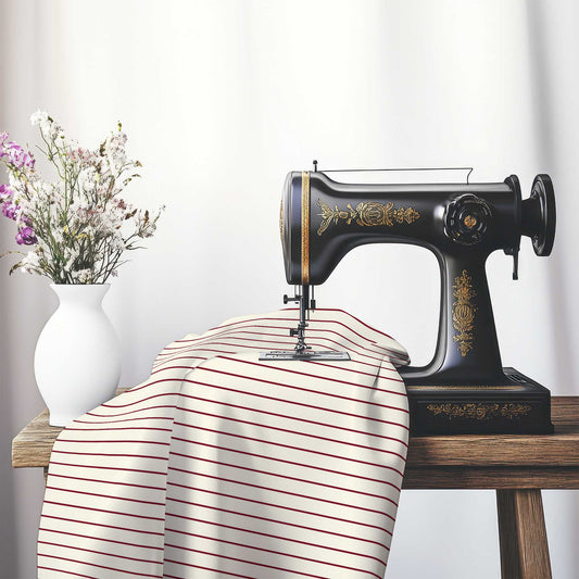 Spun Polyester Fabric with Fine Burgundy Red Stripes on Pale Cream, FASP-1283-151, on an antique sewing machine sitting on a desk with vase of beautiful flowers.