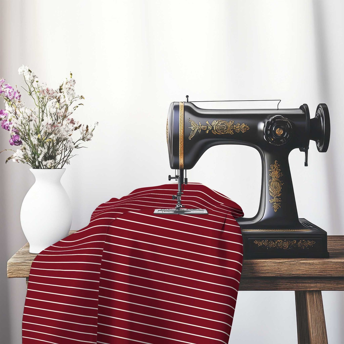 Spun Polyester Fabric with Fine Pale Cream Stripes on Burgundy Red, FASP-1283-152, on an antique sewing machine sitting on a desk with vase of beautiful flowers.
