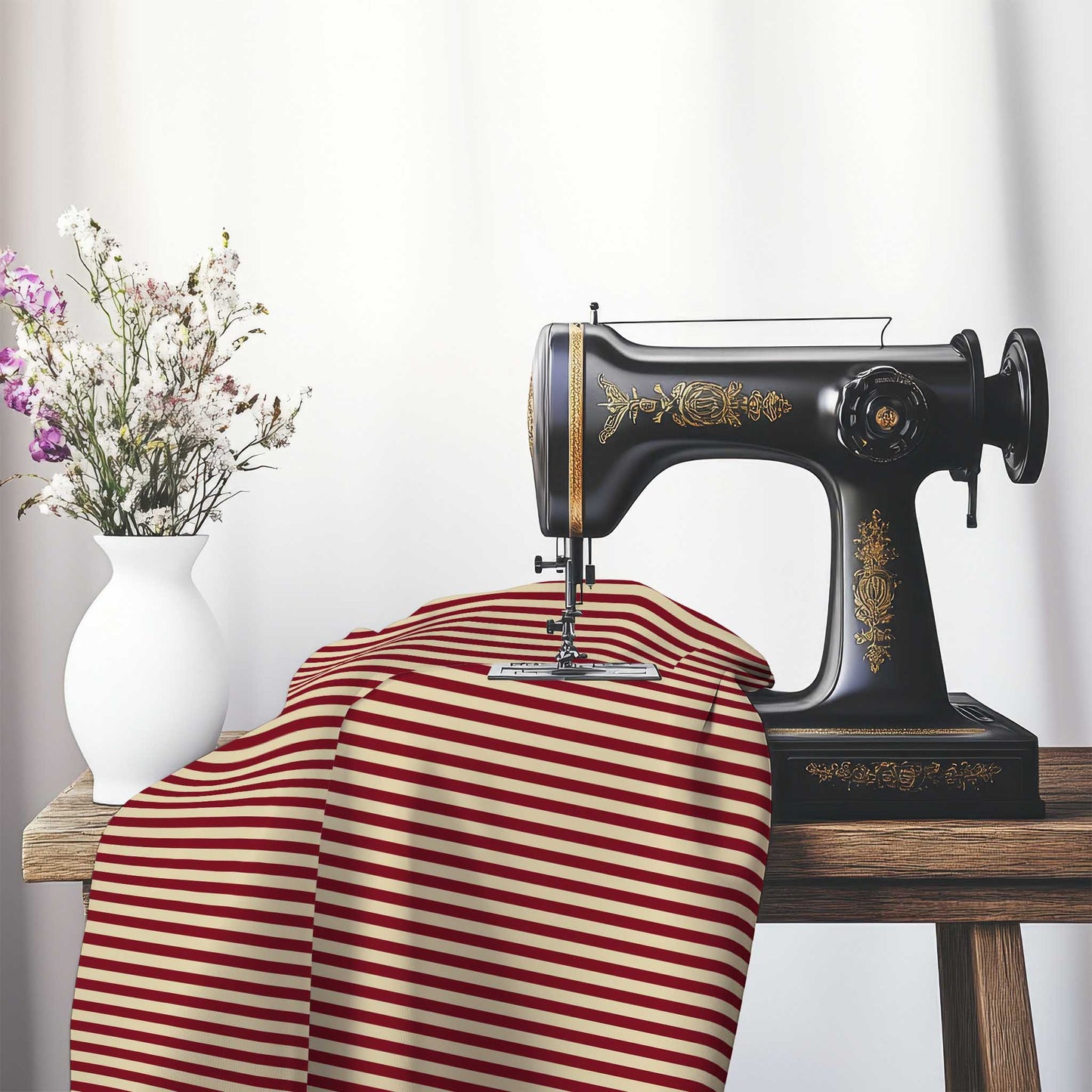 Spun Polyester Fabric with Thin Burgundy Red Bars on Tan, FASP-1284-241, on an antique sewing machine sitting on a desk with vase of beautiful flowers.