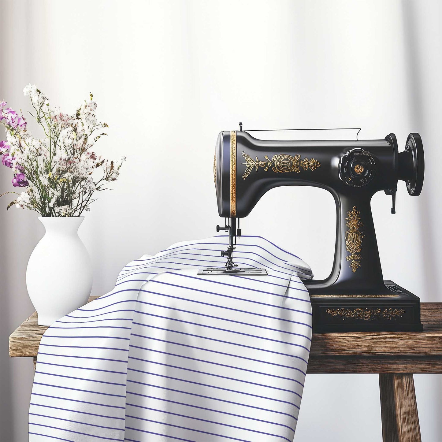 White Spun Polyester Fabric with Fine Purple Stripes, FASP-1300-151, on an antique sewing machine sitting on a desk with vase of beautiful flowers.