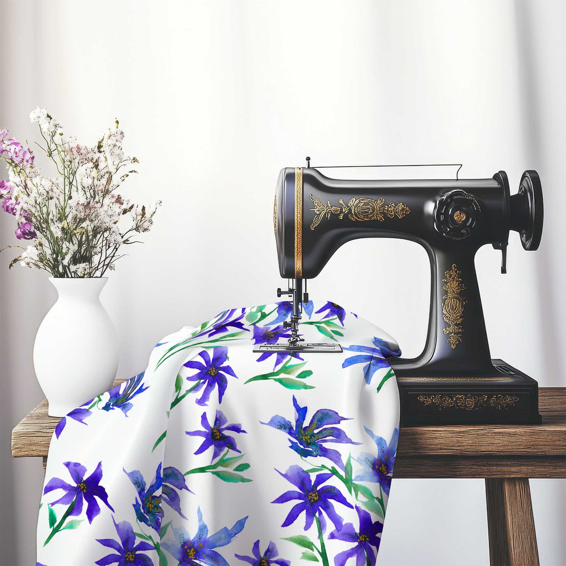 Printed Fabric with Handpainted Purple Watercolor Floral, FASP-1304, on an antique sewing machine sitting on a desk with vase of beautiful flowers.