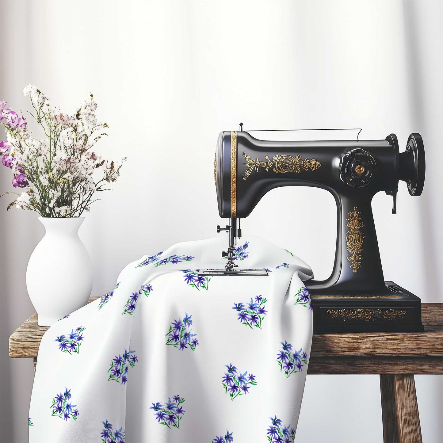 Printed Fabric with Handpainted Purple Watercolor Floral Pattern, FASP-1305, on an antique sewing machine sitting on a desk with vase of beautiful flowers.