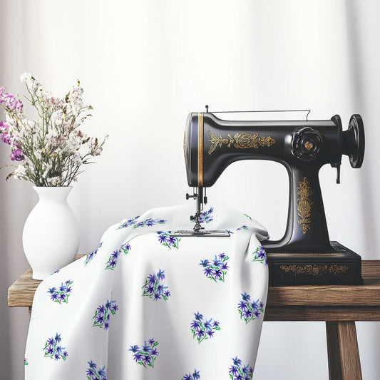 Printed Fabric with Handpainted Purple Watercolor Floral Pattern, FASP-1305, on an antique sewing machine sitting on a desk with vase of beautiful flowers.