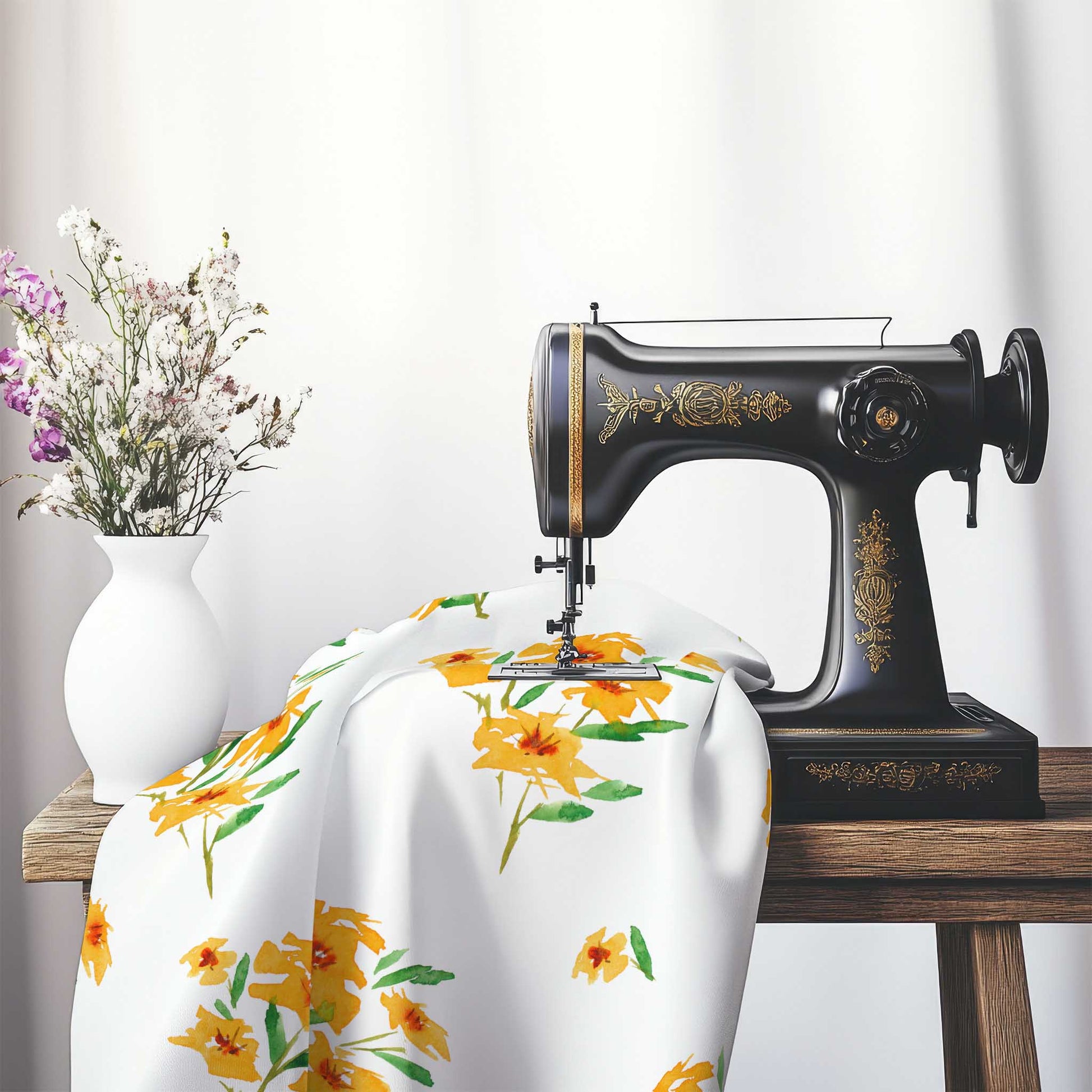 Printed Fabric with Handpainted Yellow-Orange Watercolor Floral, FASP-1314, on an antique sewing machine sitting on a desk with vase of beautiful flowers.
