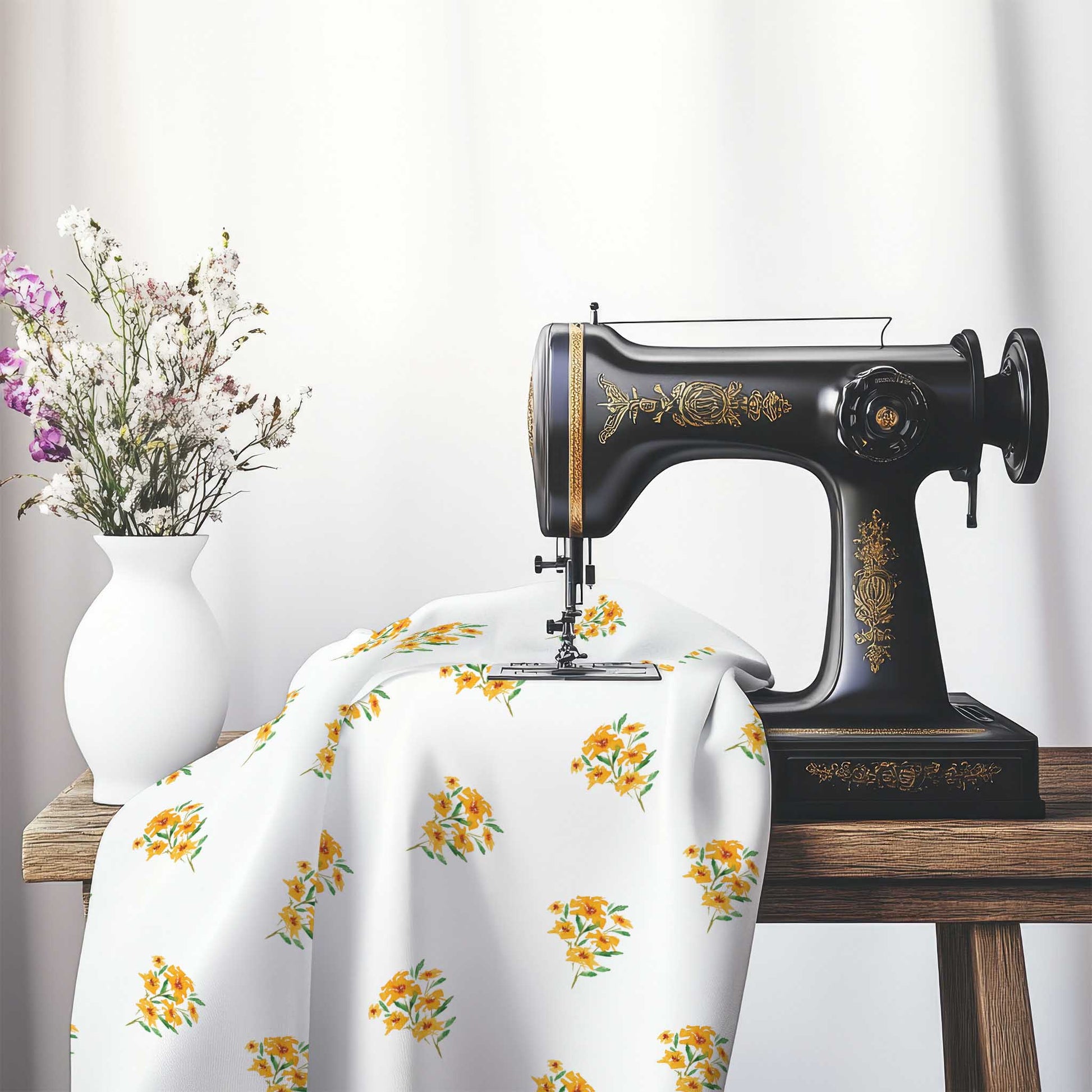 Printed Fabric with Handpainted Yellow-Orange Watercolor Floral Pattern, FASP-1315, on an antique sewing machine sitting on a desk with vase of beautiful flowers.
