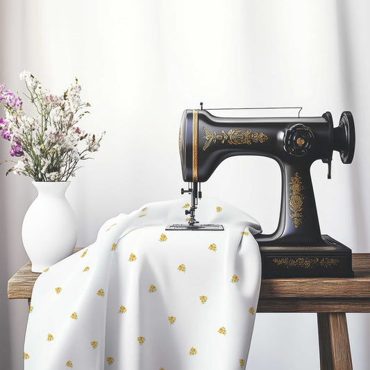 Printed Fabric with Handpainted Small Yellow-Orange Watercolor Floral Pattern, FASP-1316, on an antique sewing machine sitting on a desk with vase of beautiful flowers.