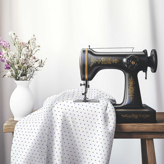 White Spun Polyester Fabric with Fine Purple Diamonds, FASP-1320-111, on an antique sewing machine sitting on a desk with vase of beautiful flowers.