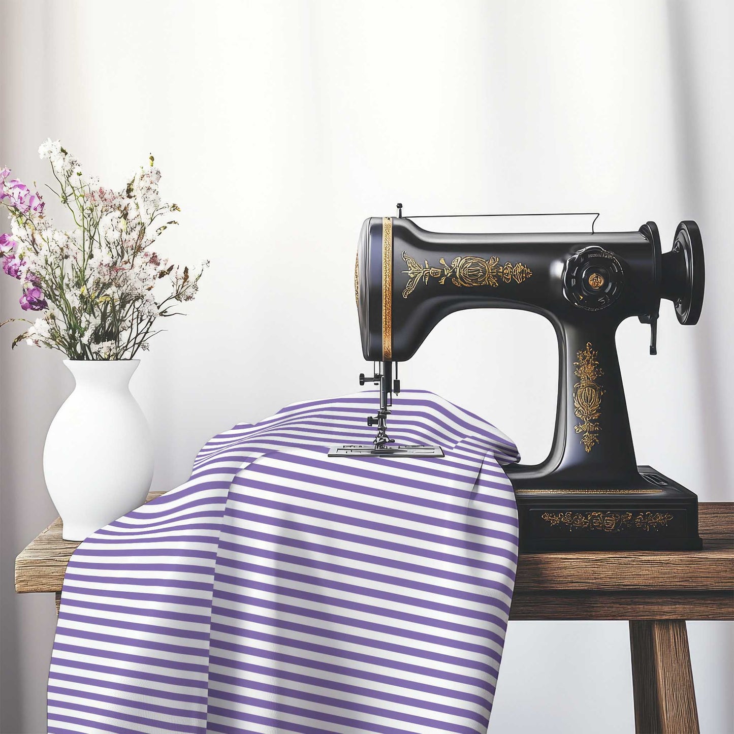 White Spun Polyester Fabric with Thin Purple Bars, FASP-1320-241, on an antique sewing machine sitting on a desk with vase of beautiful flowers.