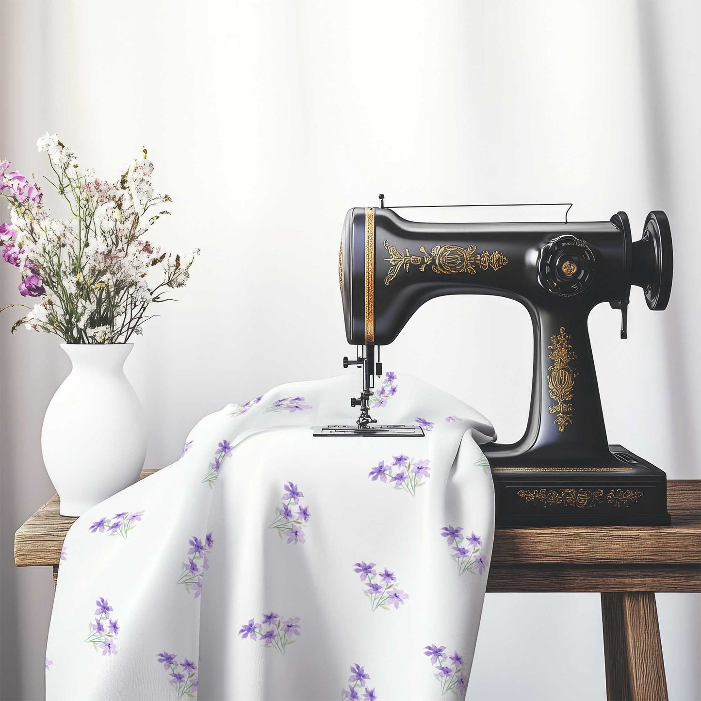 Printed Fabric with Handpainted Purple Watercolor Floral Pattern, FASP-1325, on an antique sewing machine sitting on a desk with vase of beautiful flowers.