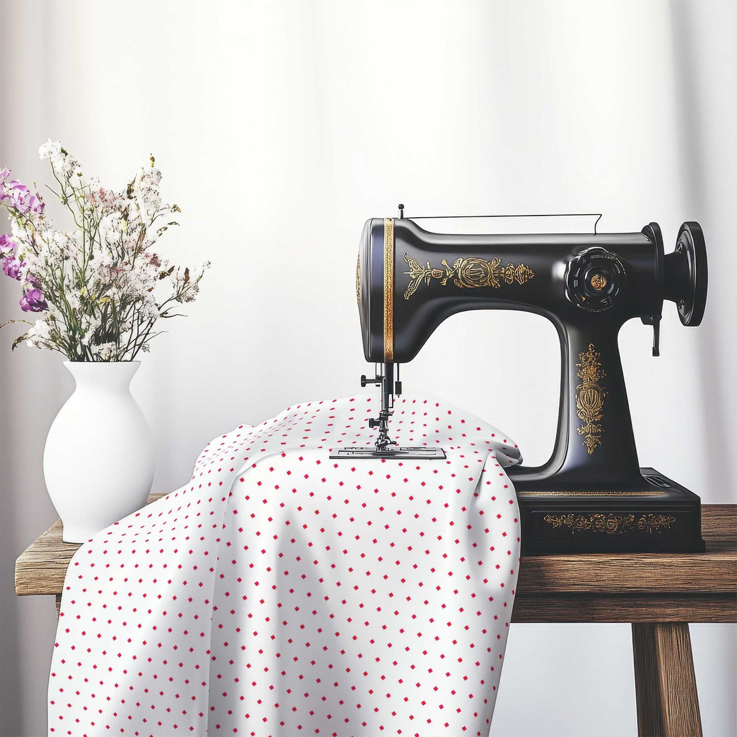 White Spun Polyester Fabric with Fine Red Diamonds, FASP-1330-111, on an antique sewing machine sitting on a desk with vase of beautiful flowers.