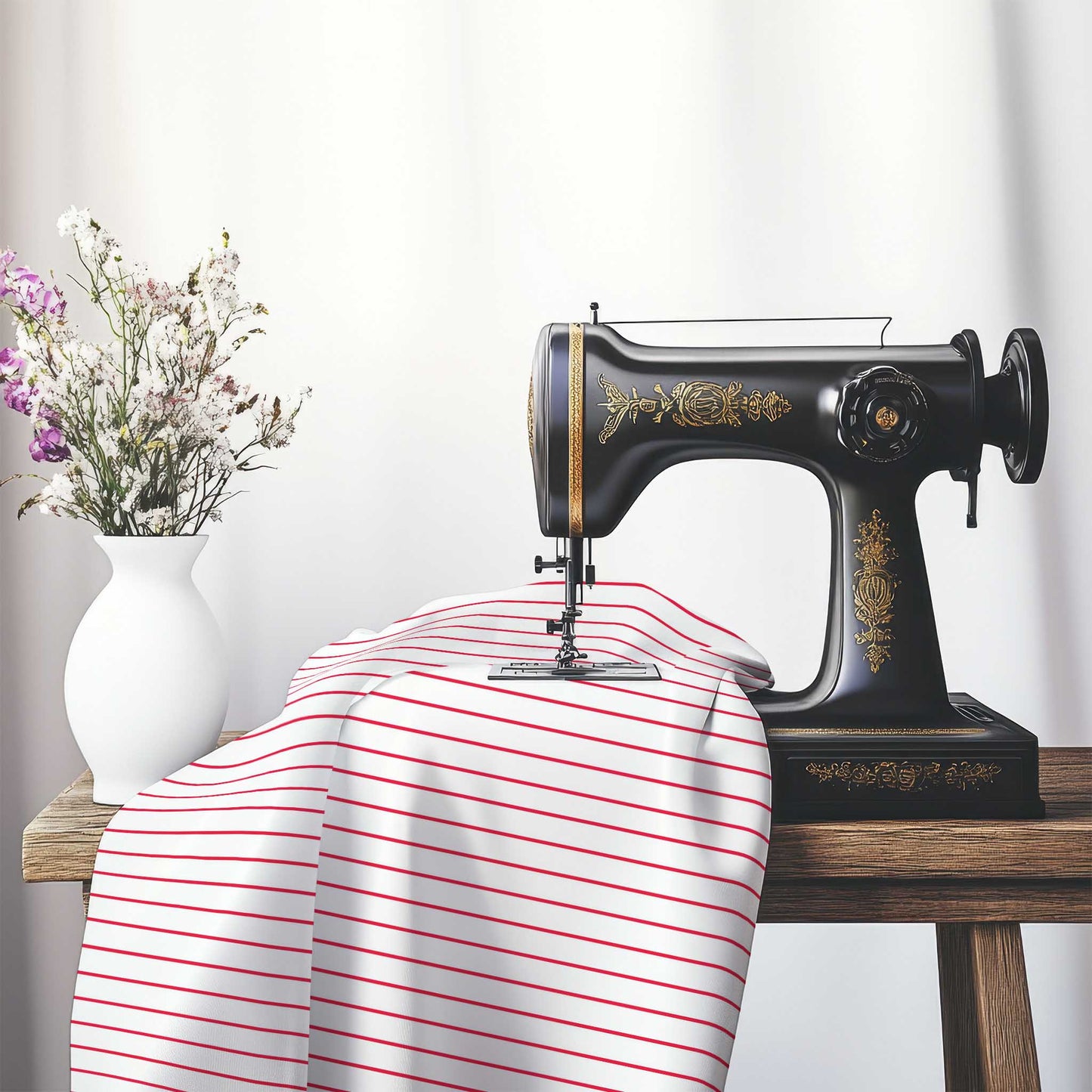 White Spun Polyester Fabric with Fine Red Stripes, FASP-1330-151, on an antique sewing machine sitting on a desk with vase of beautiful flowers.