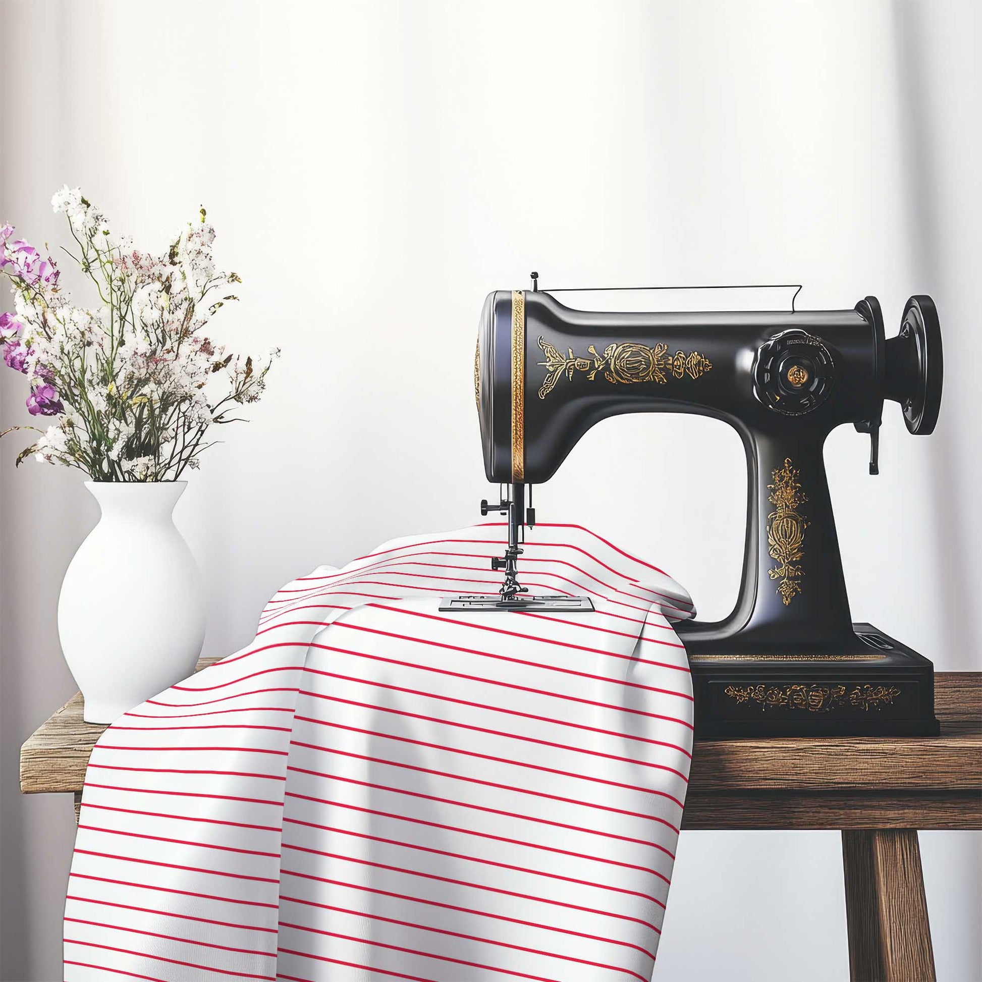White Spun Polyester Fabric with Fine Red Stripes, FASP-1330-151, on an antique sewing machine sitting on a desk with vase of beautiful flowers.