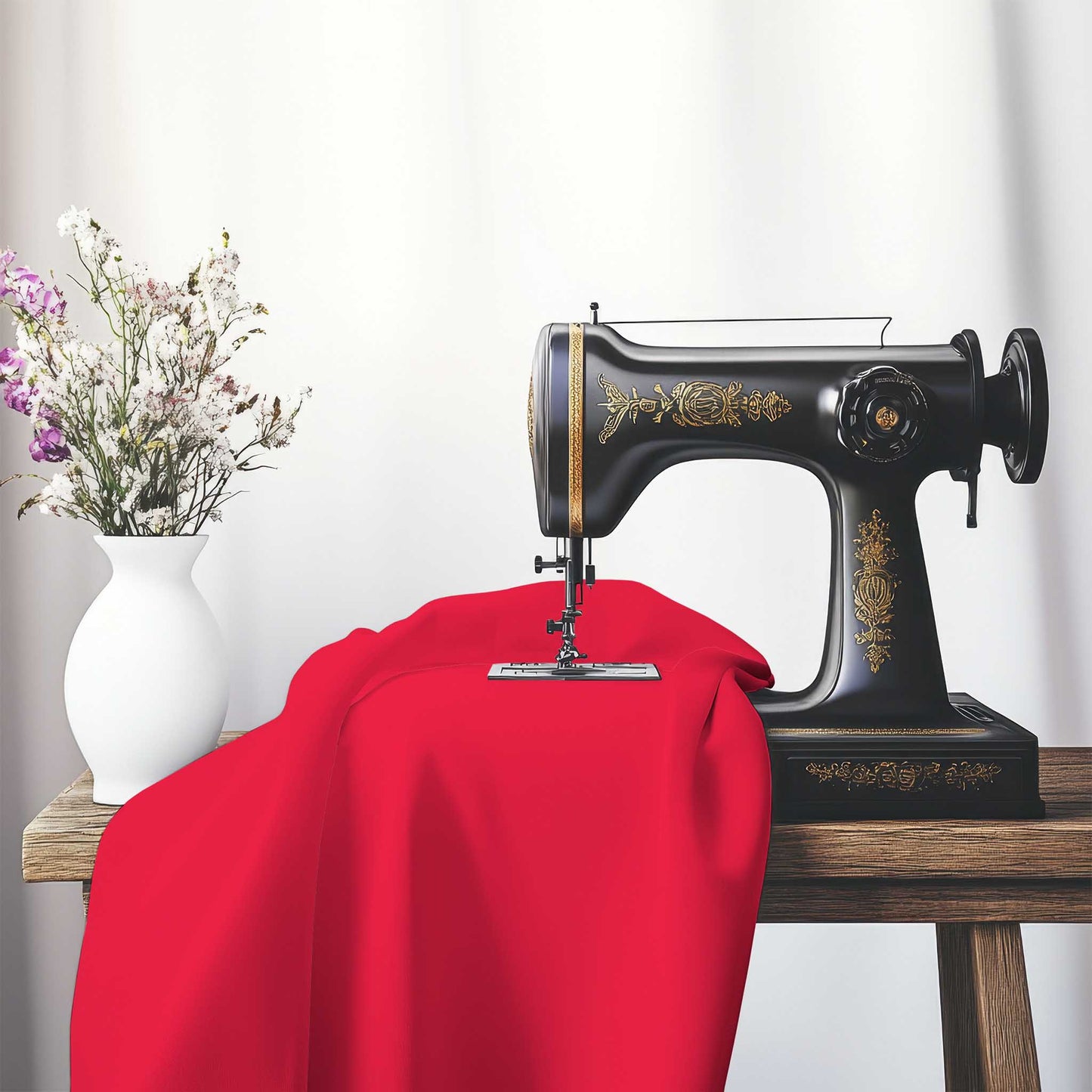 Red Spun Polyester Handpainted Purple Watercolor Print, FASP-1330-999, on an antique sewing machine sitting on a desk with vase of beautiful flowers.