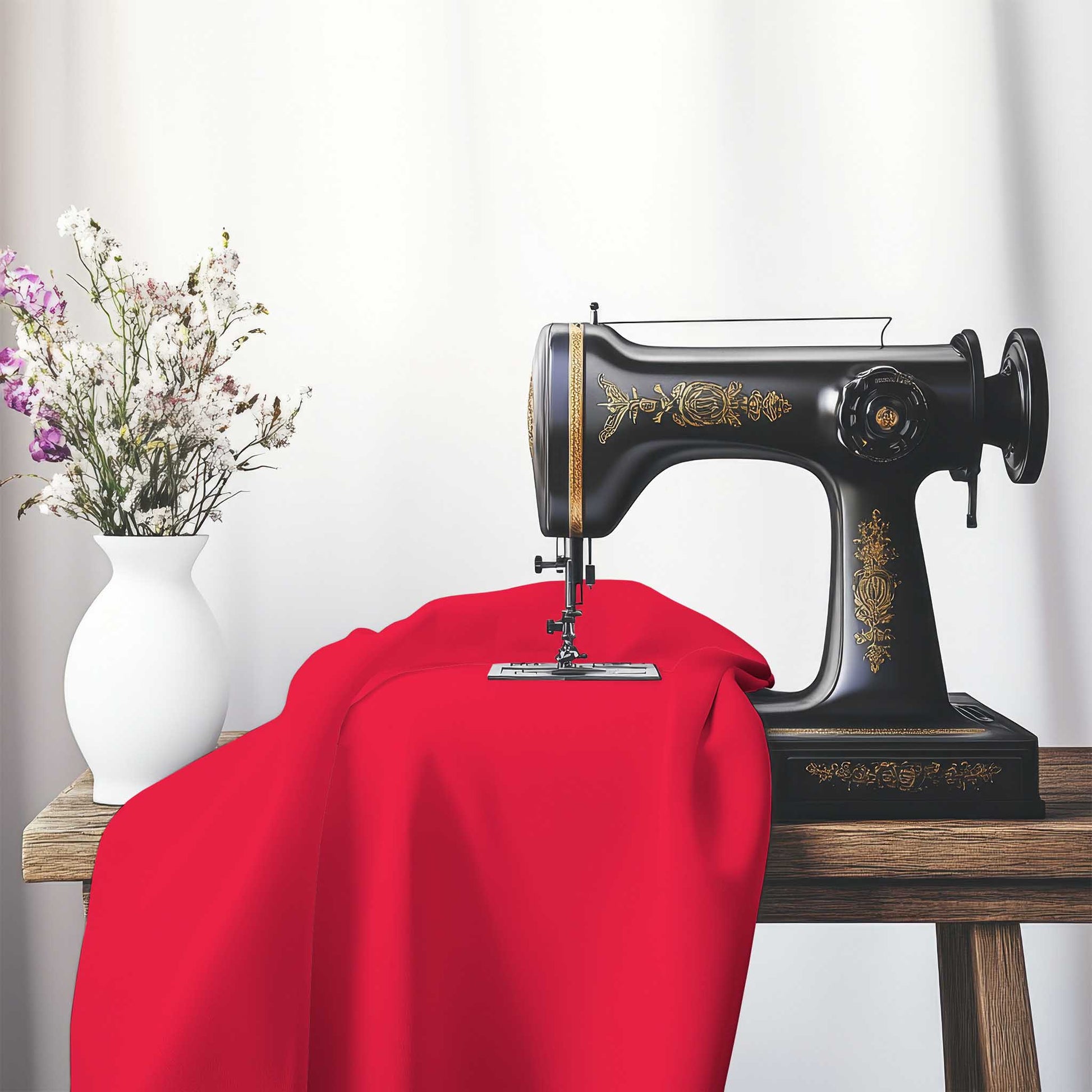Red Spun Polyester Handpainted Purple Watercolor Print, FASP-1330-999, on an antique sewing machine sitting on a desk with vase of beautiful flowers.