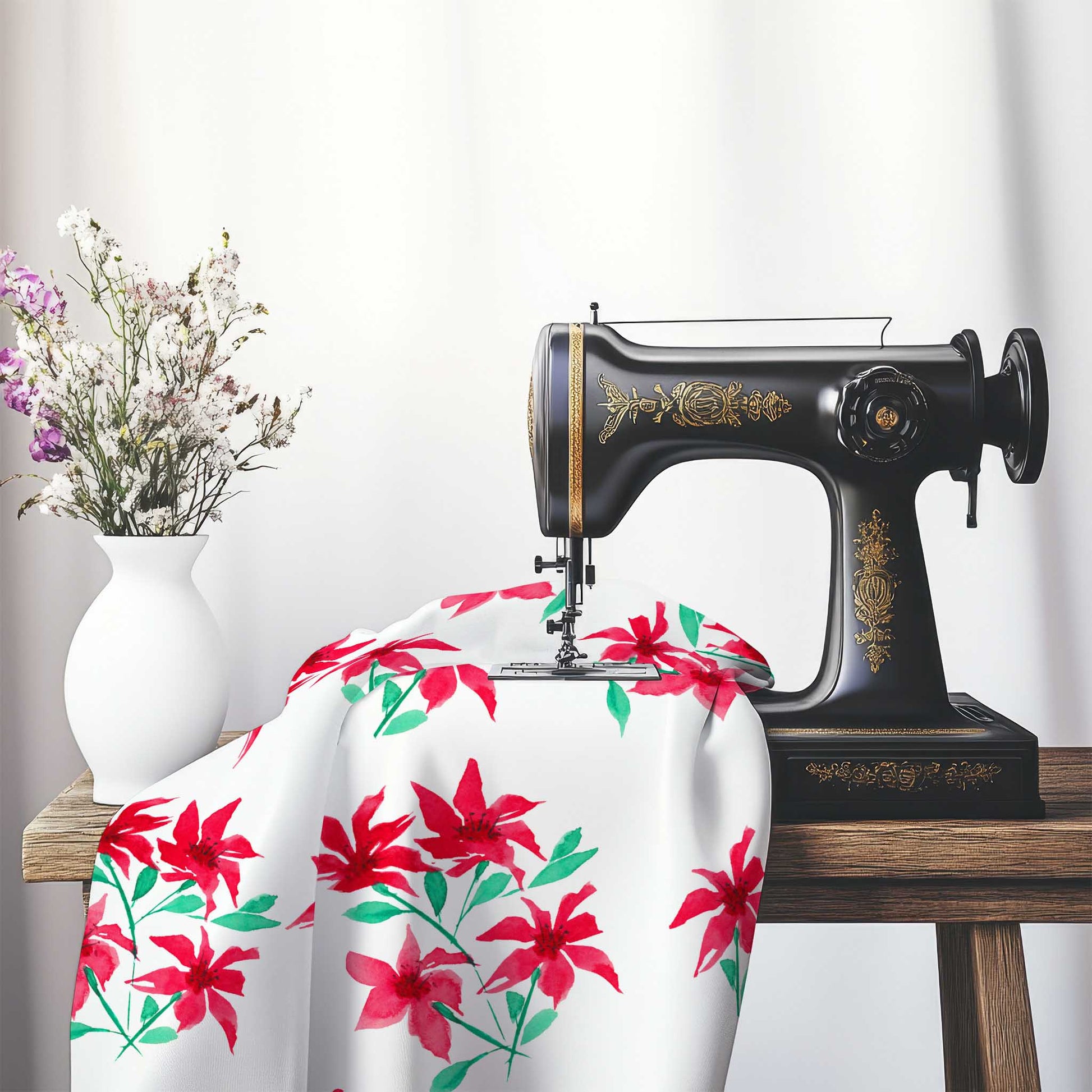 Printed Fabric with Handpainted Red Watercolor Floral, FASP-1334, on an antique sewing machine sitting on a desk with vase of beautiful flowers.