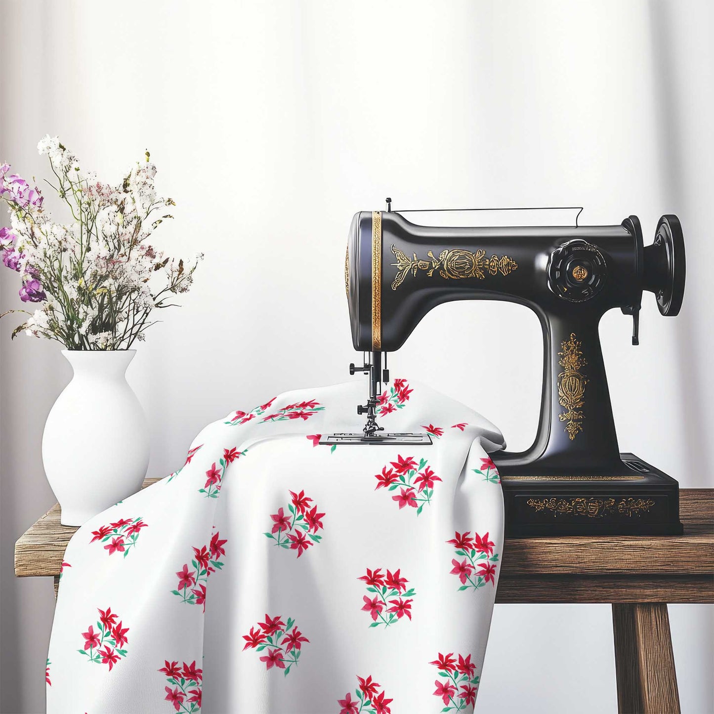 Printed Fabric with Handpainted Red Watercolor Floral Pattern, FASP-1335, on an antique sewing machine sitting on a desk with vase of beautiful flowers.