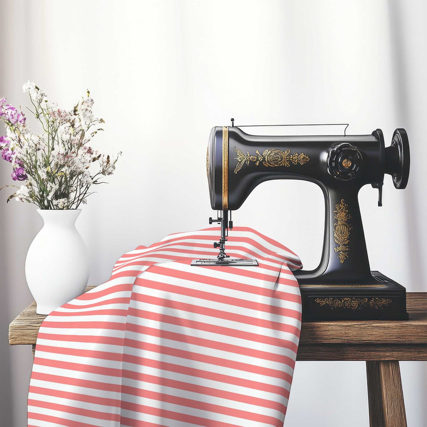 White Spun Polyester Fabric with Pink Bars, FASP-1340-051, on an antique sewing machine sitting on a desk with vase of beautiful flowers.