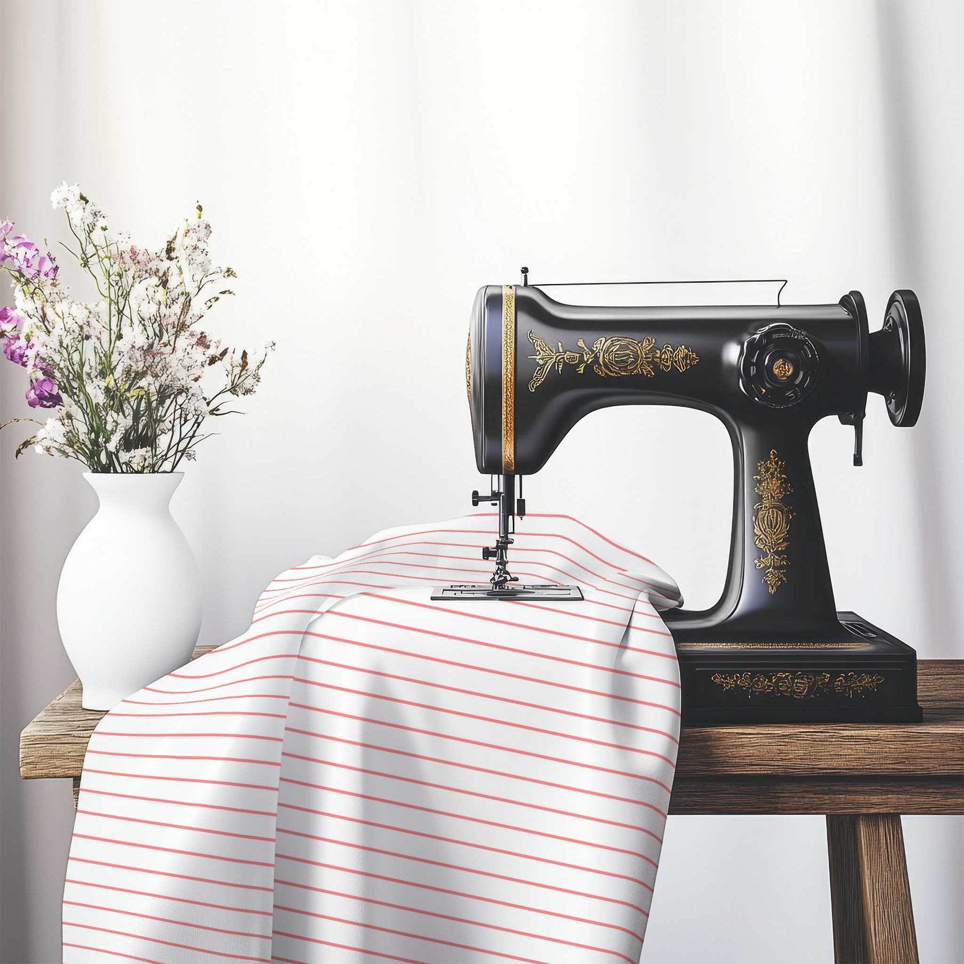 White Spun Polyester Fabric with Fine Pink Stripes, FASP-1340-151, on an antique sewing machine sitting on a desk with vase of beautiful flowers.